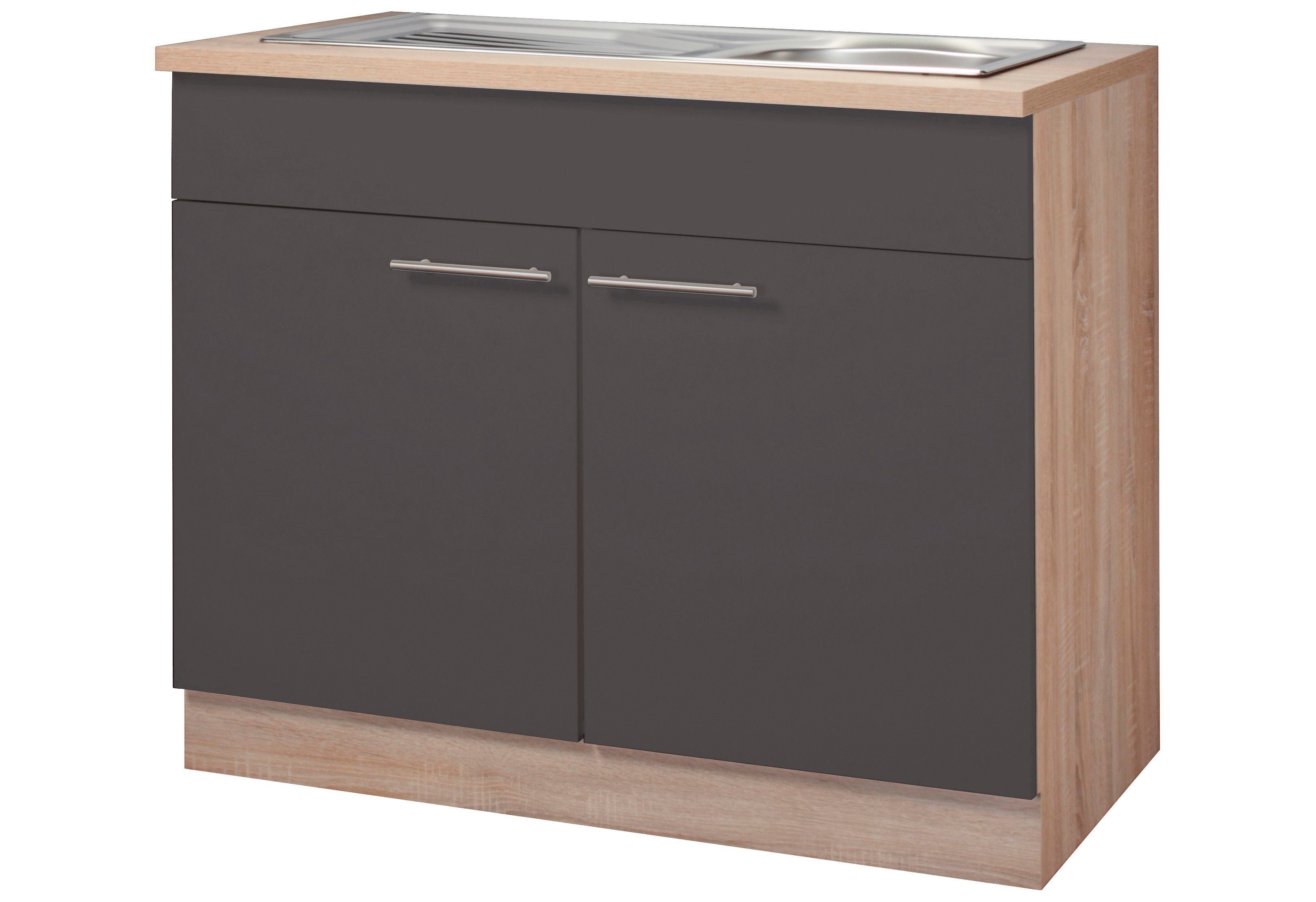 wiho Küchen Spülenschrank Montana 100 cm breit Anthrazit/Eichefarben | Spülenschränke