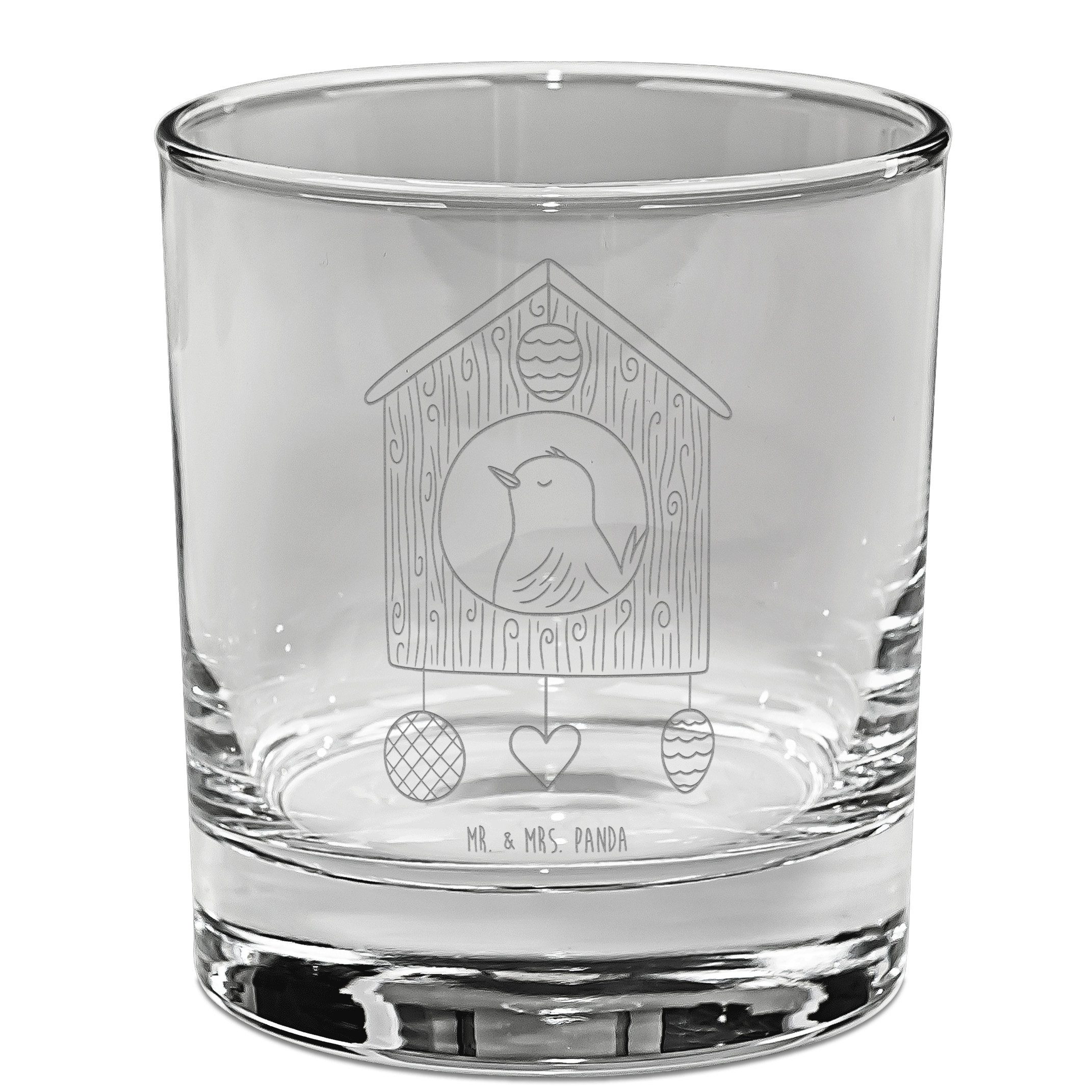 Mr. & Mrs. Panda Whiskyglas Vogel Haus, Scotch Glas, Transparent, Glas, Familie, Gravur Whiskygla, Premium Glas, Vogelhaus Tumbler Glas Vögel