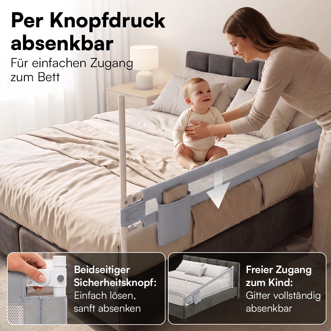 Bellabino Bettschutzgitter Rausfallschutz Drina höhenverstellbar 62-93cm/69–99cm (150 cm breit, 1 St., Hellgrau), Rausfallschutz, klappbar & kombinierbar, verfügbar in B 150/180/200 cm