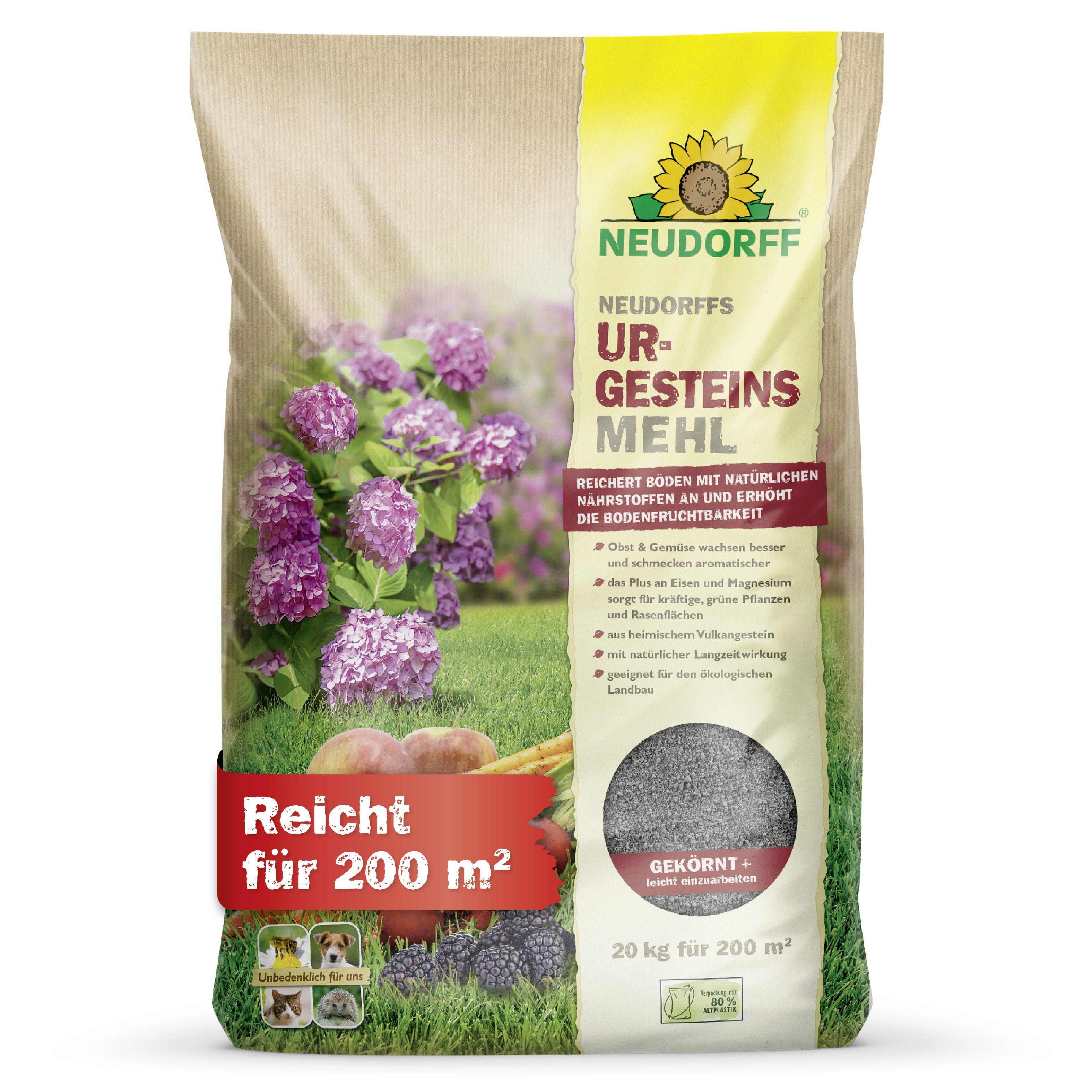 Neudorff Bodenverbesserer UrgesteinsMehl 20 kg, Zur Remineralisierung und Verbesserung ausgelaugter Böden, Bodenhilfsstoff für Garten, Rasen & Kompost bis 200 m², Füllt den Mineralstoff- & Spurenelementespeicher des Bodens auf