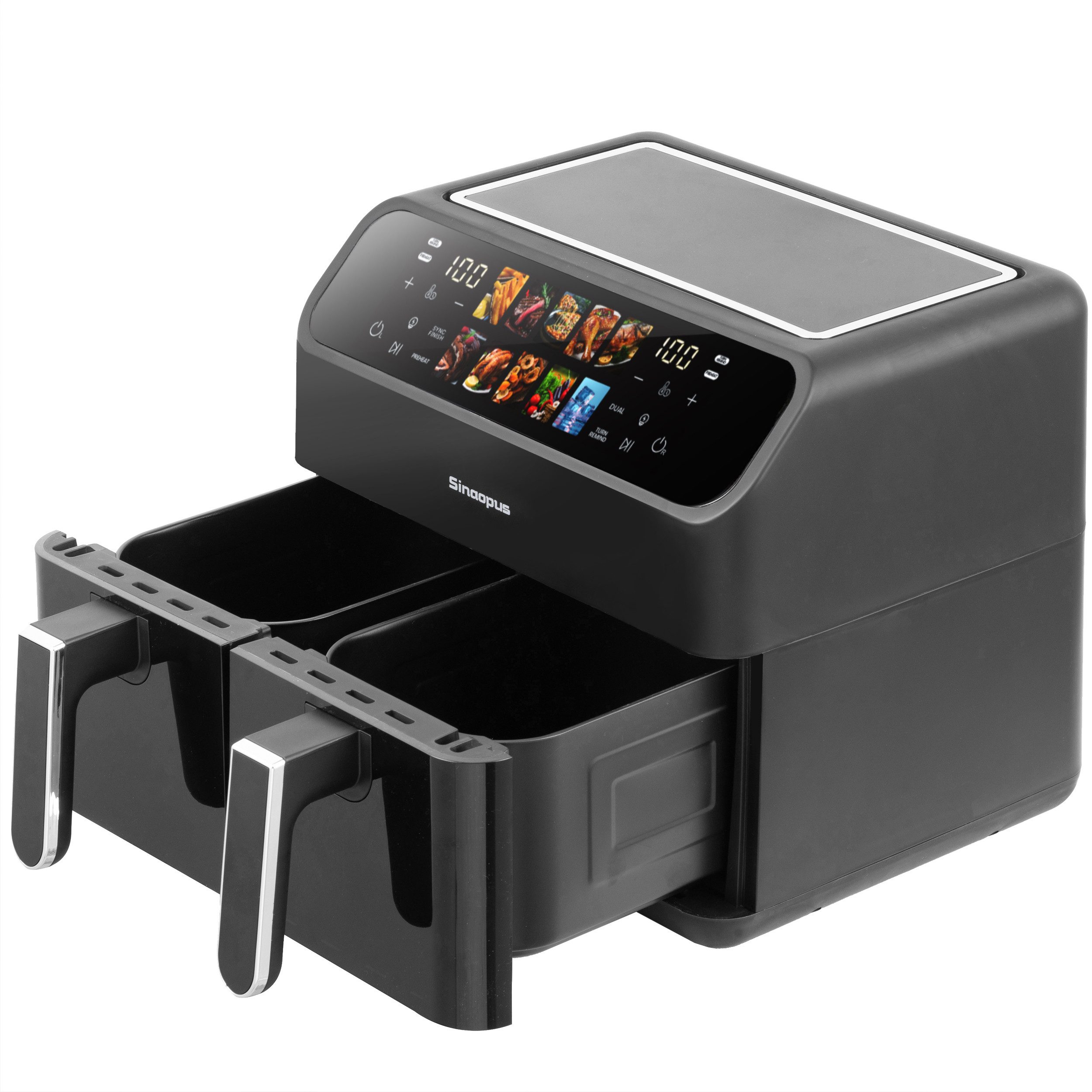 Sinaopus Heißluftfritteuse 10L XXL, Dual-Zone Airfryer 2000W mit 2×5L Körben & 10 Programmen, 2000 W, Doppelkammer-Airfryer mit LED-Touchdisplay, SYNC Funktion & Timer
