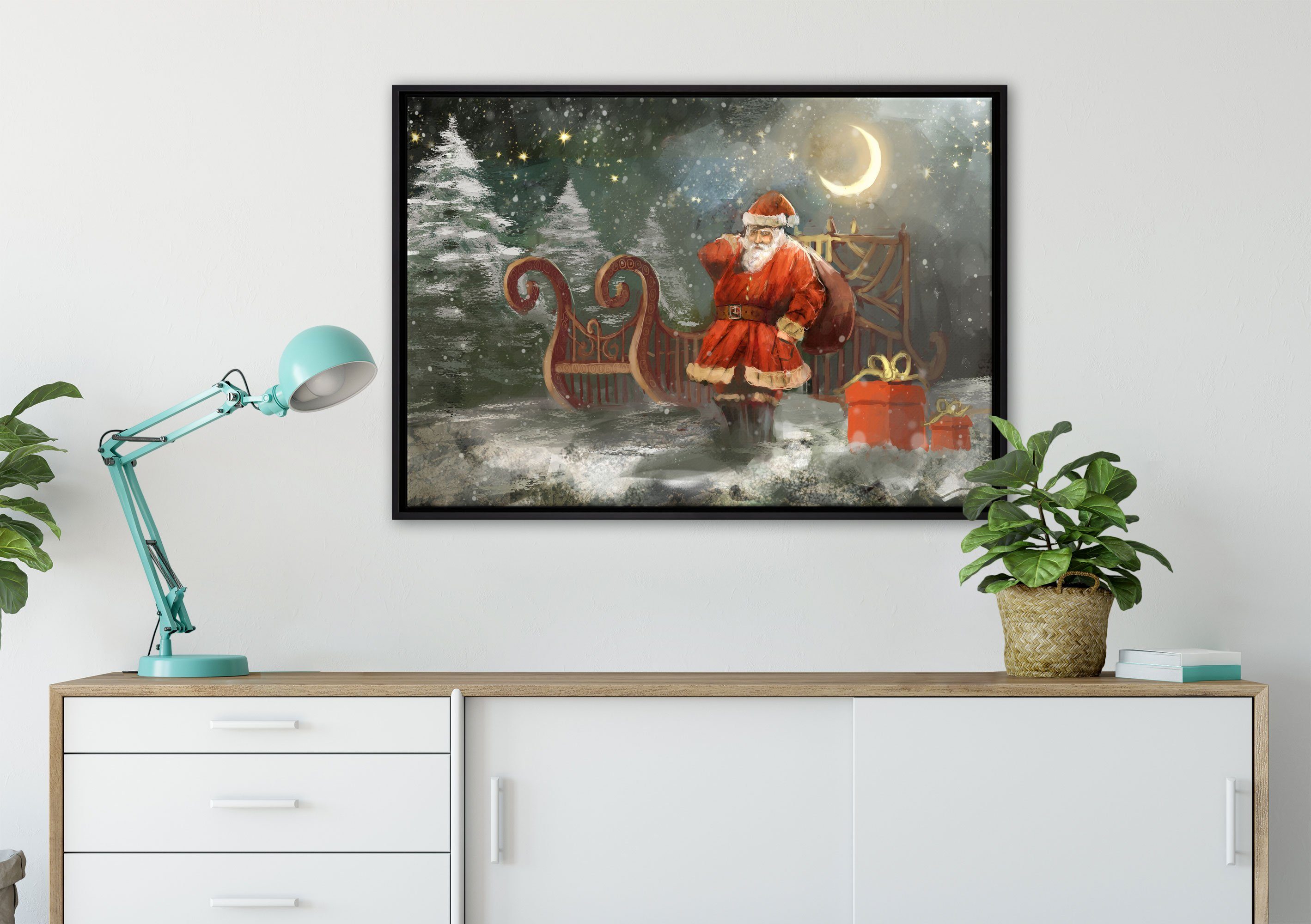 Leinwandbild bespannt, Pixxprint (1 Geschenken, Leinwandbild Wanddekoration fertig St), inkl. einem Weihnachtsmann gefasst, mit Schattenfugen-Bilderrahmen Zackenaufhänger in