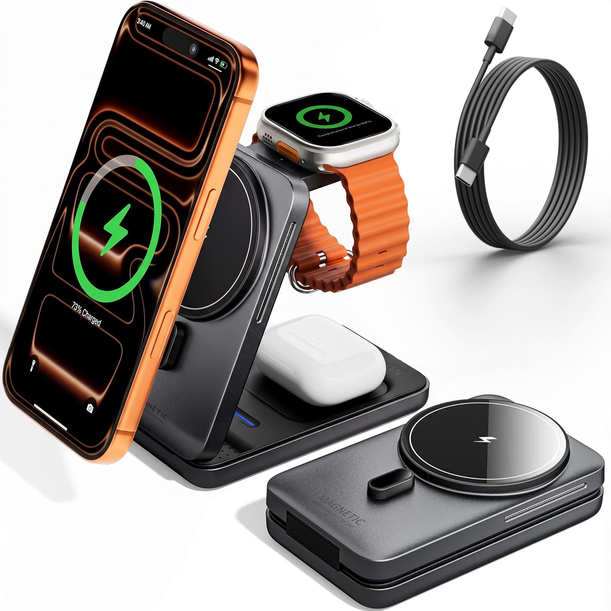 GreenHec Ladestation 3in1 MagSafe iPhone Apple Watch Ladegerät Faltbar Wireless Charger (0 mA, Spar-Set, Wireless Charging Station + Kabel, 15W, Handy Charging Station Airpods Qi2, iPhone 18 17 16 15 14 13)