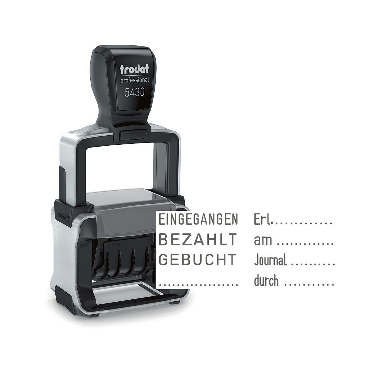 TRODAT Stempel 5430/L, tauschbare Textplatten: Eingegangen, Bezahlt, Gebucht, selbstfärbend