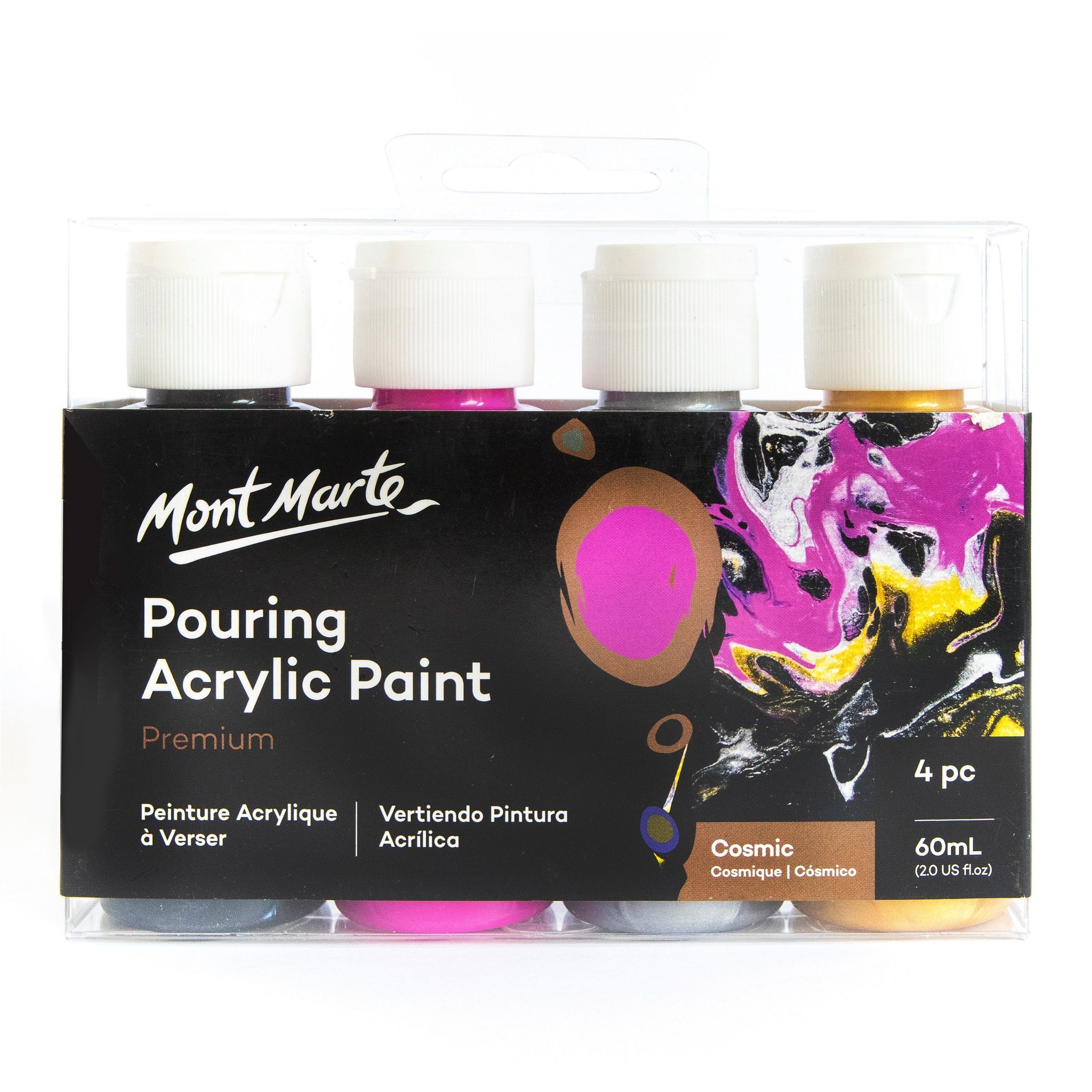 Mont Marte Bastelfarbe PREMIUM Pouring Acrylfarbe, Gieß-Acryl, je 4 x 60 ml, diverse Sets, Untereinander vermischbar & Bereits mit Pouring Medium vorgemischt
