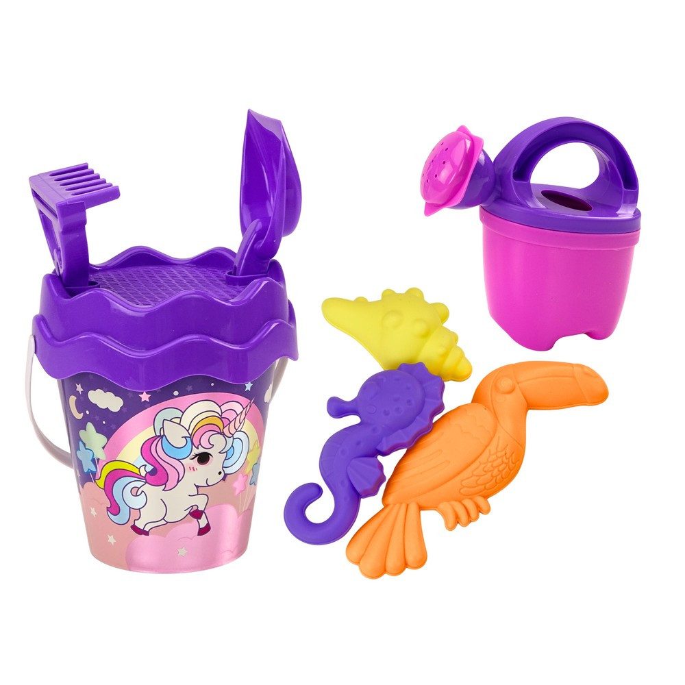 LEAN TOYS Sandeimer Sandspielset Strandspielzeug Sandkastenset, (Spar-Set, 1-tlg., 20 x 18 cm praktisch), Siebdeckel, Einhorn-Motiv, Tragebügel, 7-teilig