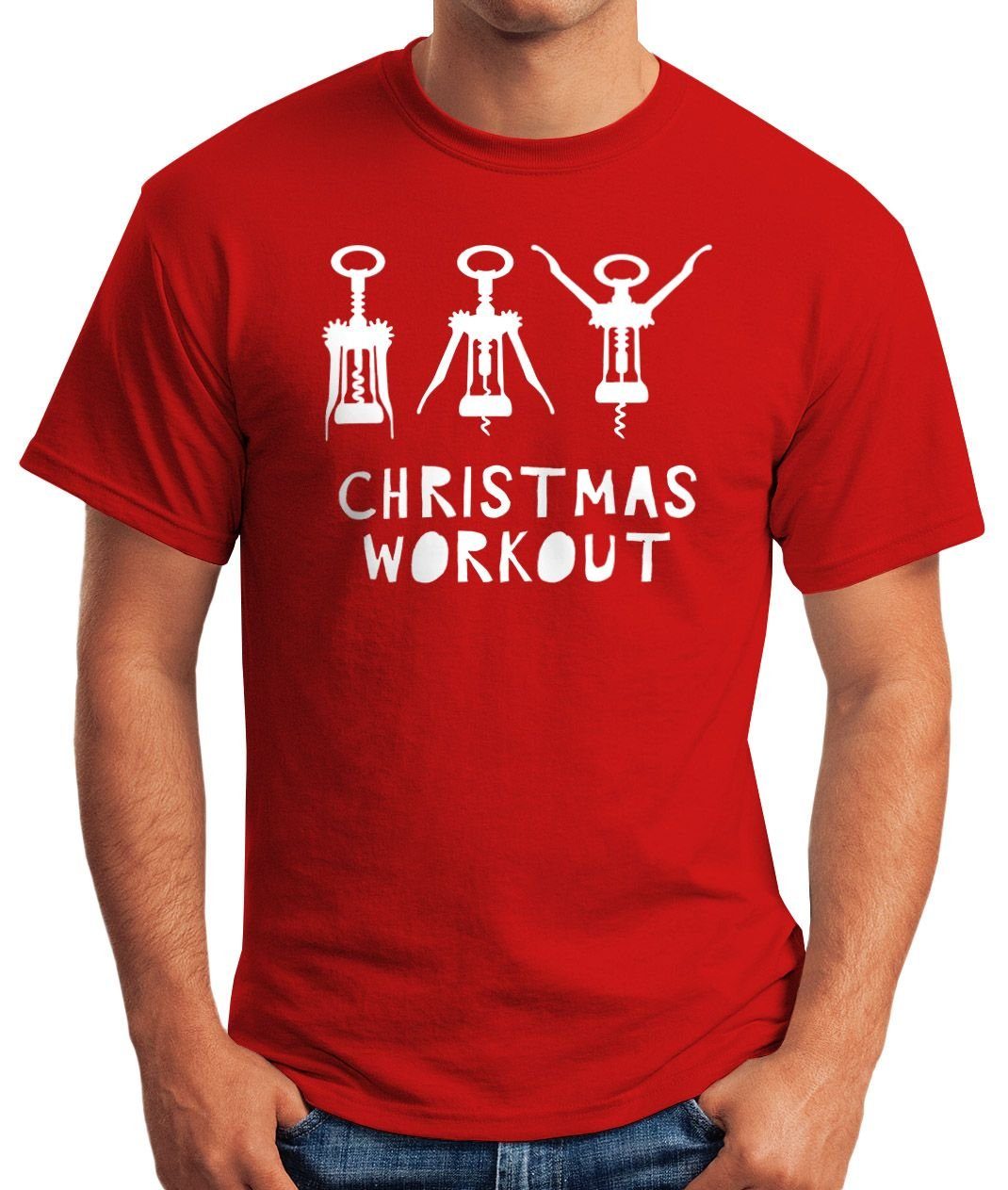 Moonworks® Print Workout Fun-Shirt Flaschenöffner Print-Shirt Weihnachten Herren lustig Korkenzieher Wein MoonWorks trinken mit T-Shirt Christmas rot