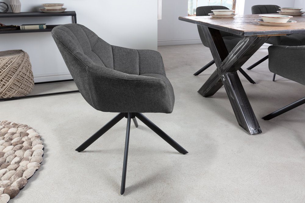 riess-ambiente Polsterstuhl PAPILLON anthrazit/schwarz – Strukturstoff, mit Armlehne, Metall (Einzelartikel, 1 St), 180° drehbar & automatischer Rückführung – ideal für Esszimmer & Büro