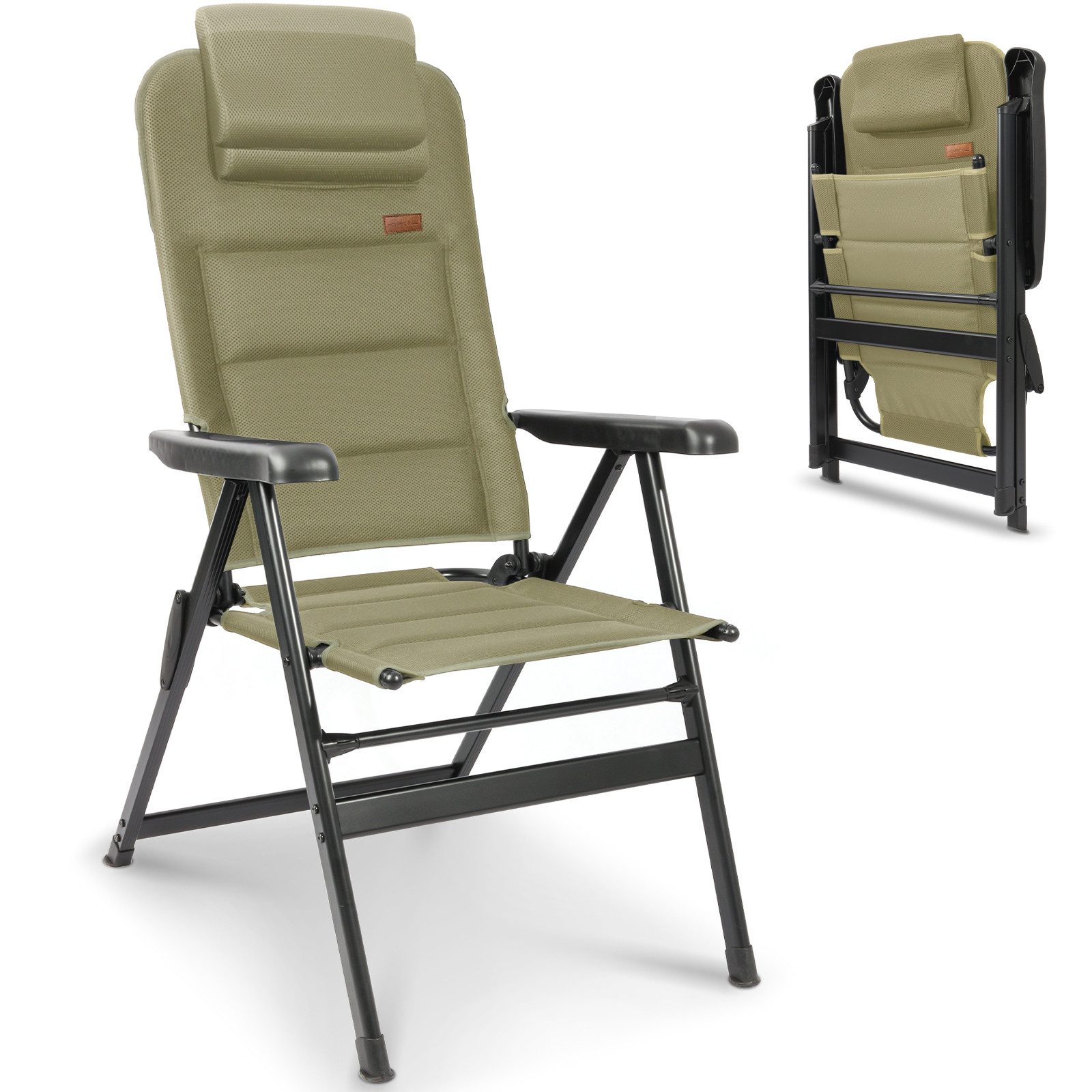 HOMECALL Klappstuhl Hochlehner Campingstuhl Gartenstuhl Gepolstert Faltstuhl Balkonstuhl (150 KG Belastbar Erstellbare Kopfstutze Anglerstuhl,Groß und Hoch, 1 St), mit 7-Fach Verstellbare lehne, für Camp Garten Balkon
