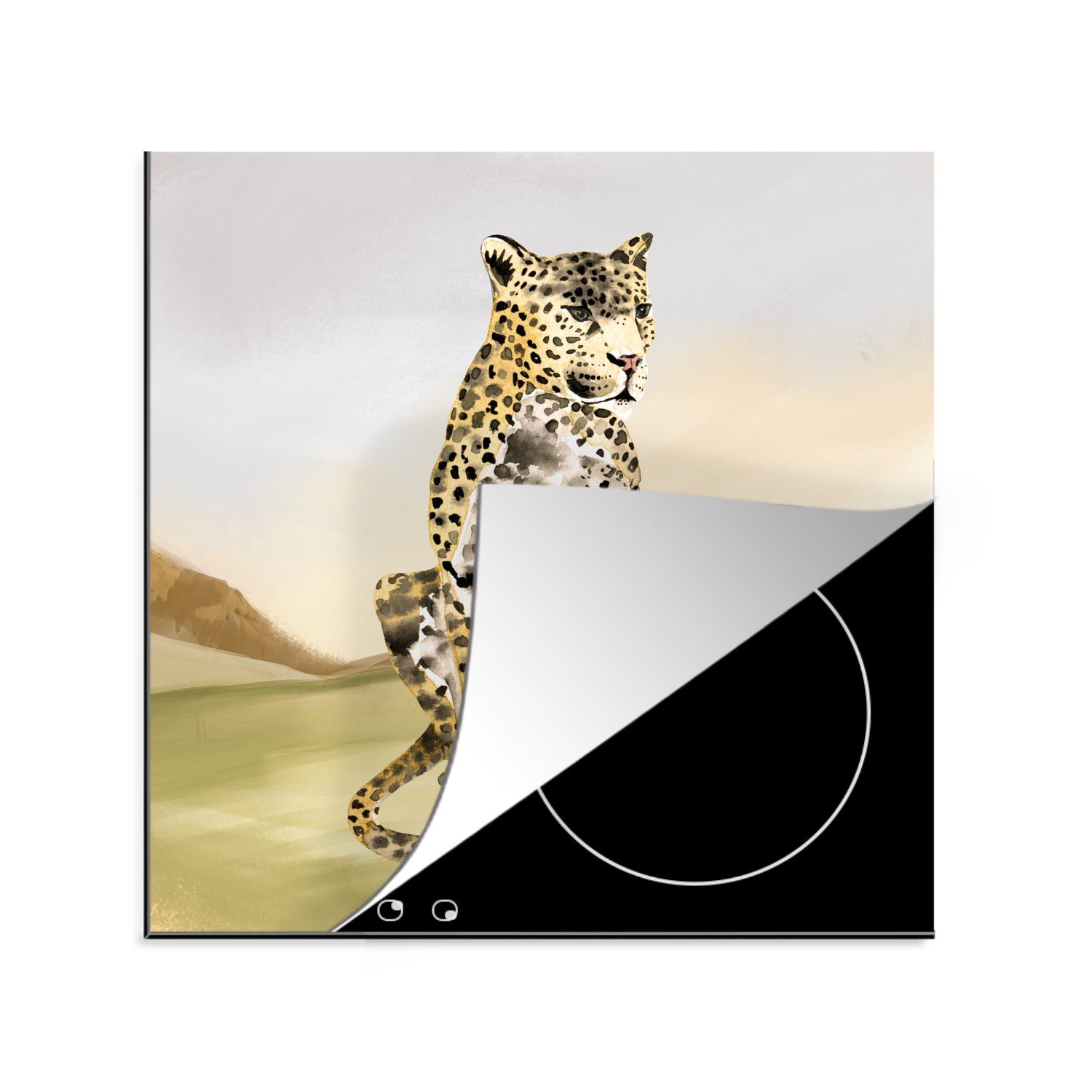 - Herdblende-/Abdeckplatte Gras, - Ceranfeldabdeckung, MuchoWow Arbeitsplatte Vinyl, Dschungel tlg), küche für Leopard 78x78 cm, (1