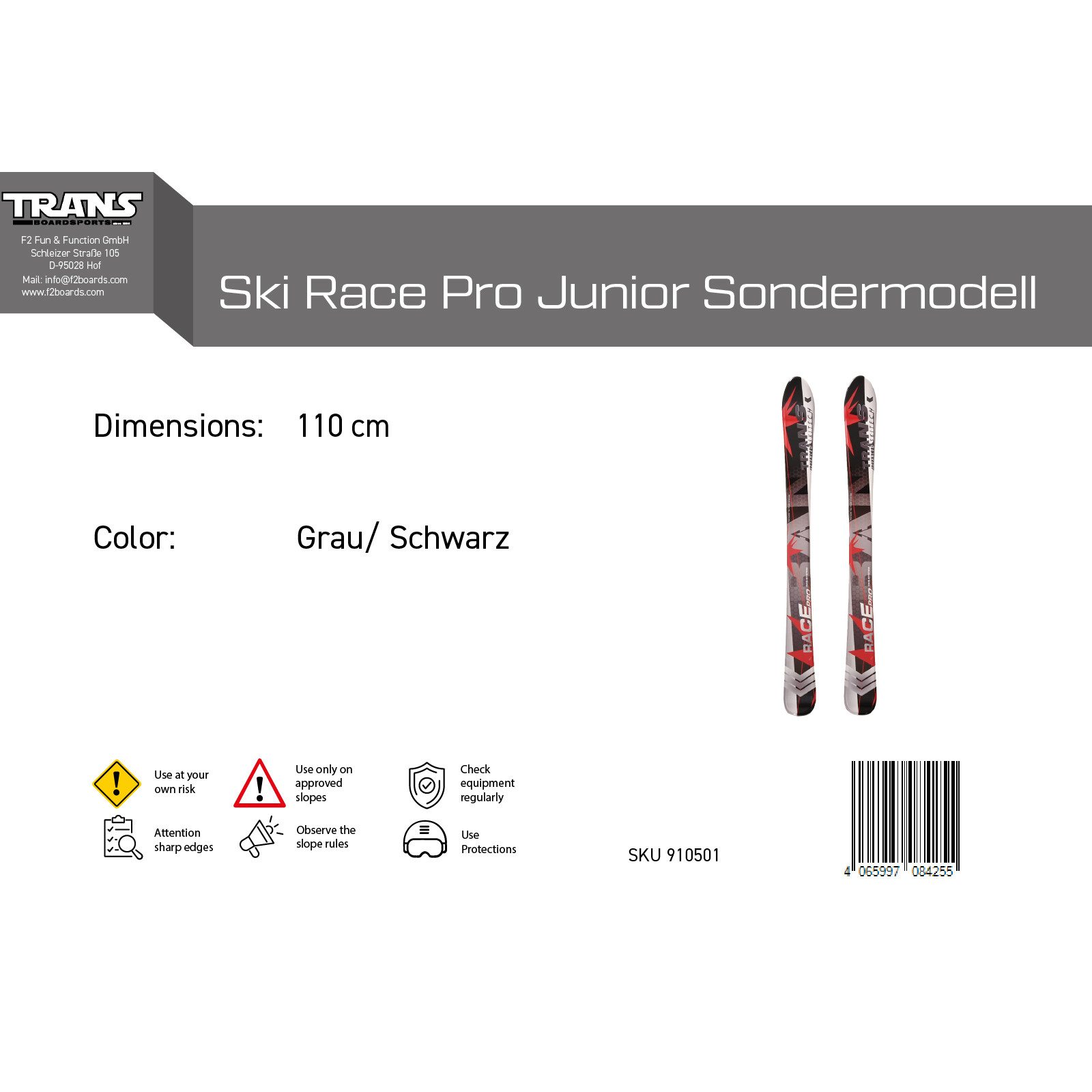 F2 Ski Trans Junior Ski Race Pro Kid Sondermodell 110cm Grau/Schwarz