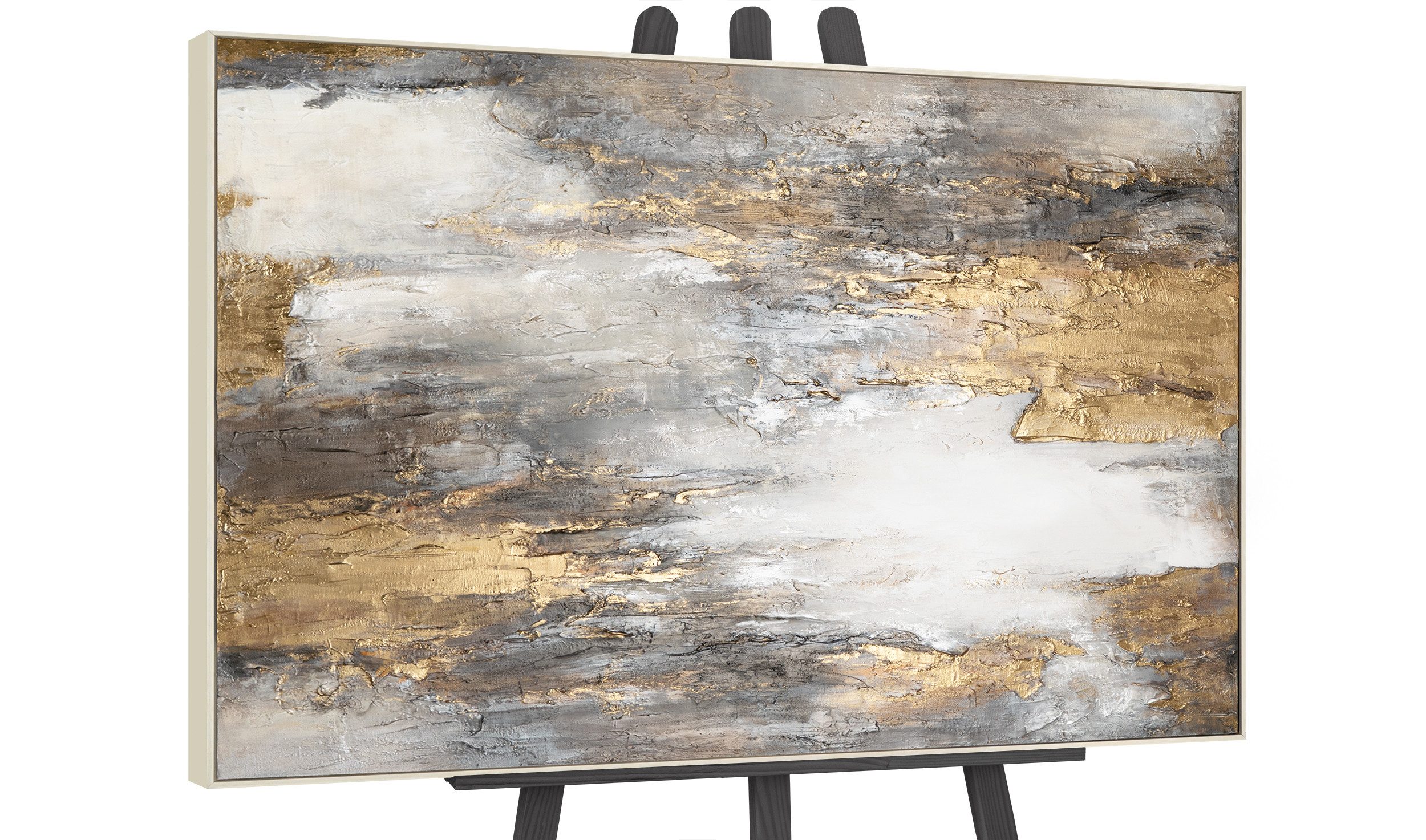 YS-Art Gemälde Sanfter Zeitfluss, Abstraktion, gerahmtes Abstraktes Leinwandbild in Gold, Weiß, Silber