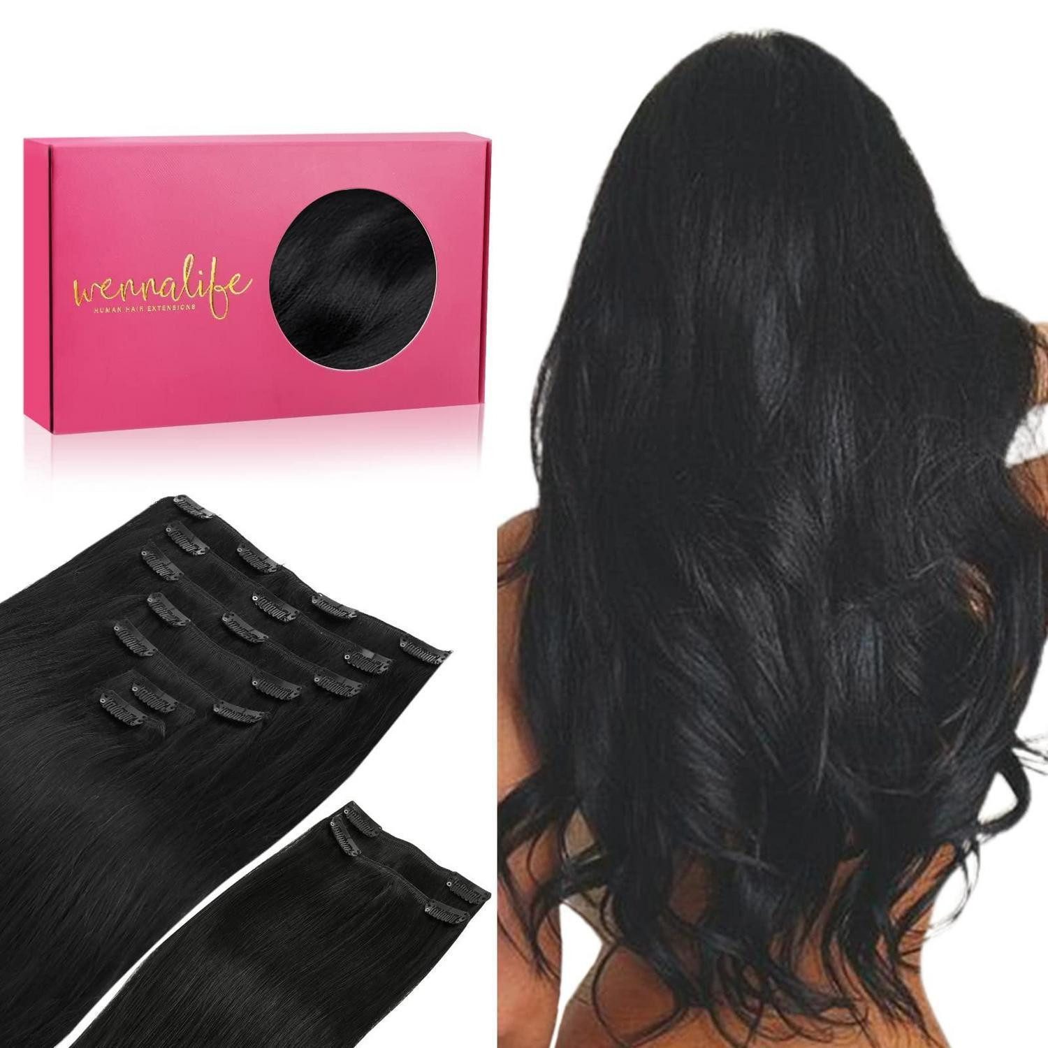 Echthaar-Extension Clipin Haarverlängerung Echthaar Tiefschwarz 35cm-150g #1 Tief Schwarz
