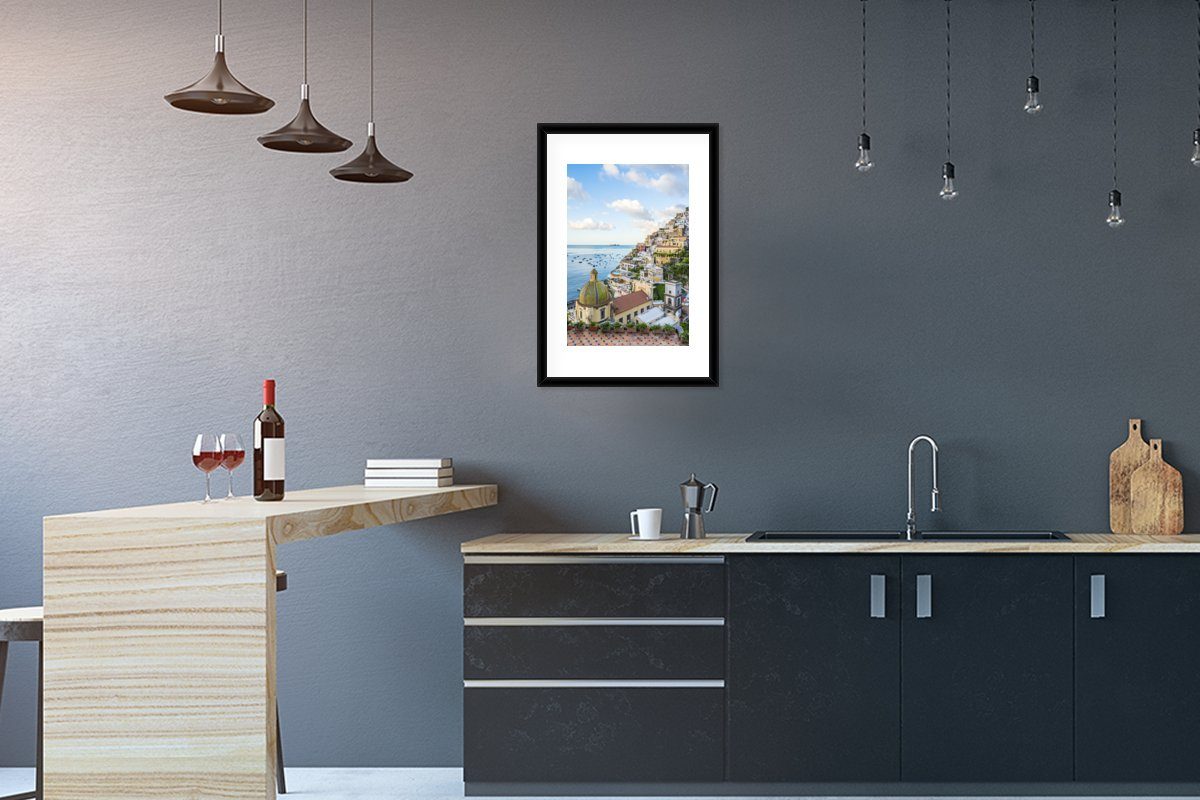 Rahmen, (1 Wasser, - St), mit Gerahmtes Kunstdruck, Italien Schwarzem Poster Bilderrahmen Positano Poster, - MuchoWow