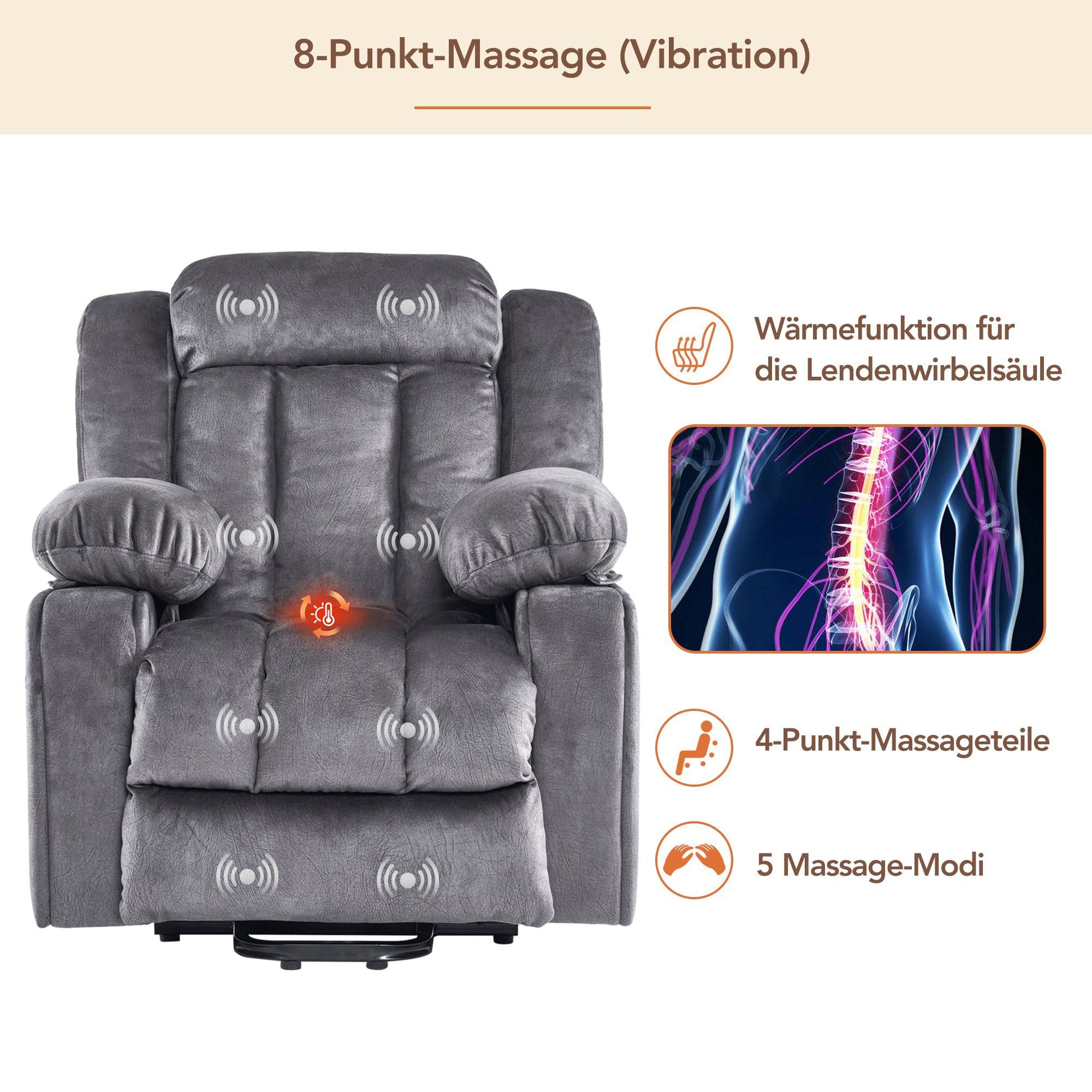 Vibrationsfunktion Massagesessel Ulife Aufstehhilfe Elektrisch und Fernsehsessel Hellgrau und Wärme Liegefunktion, mit mit TV-Sessel