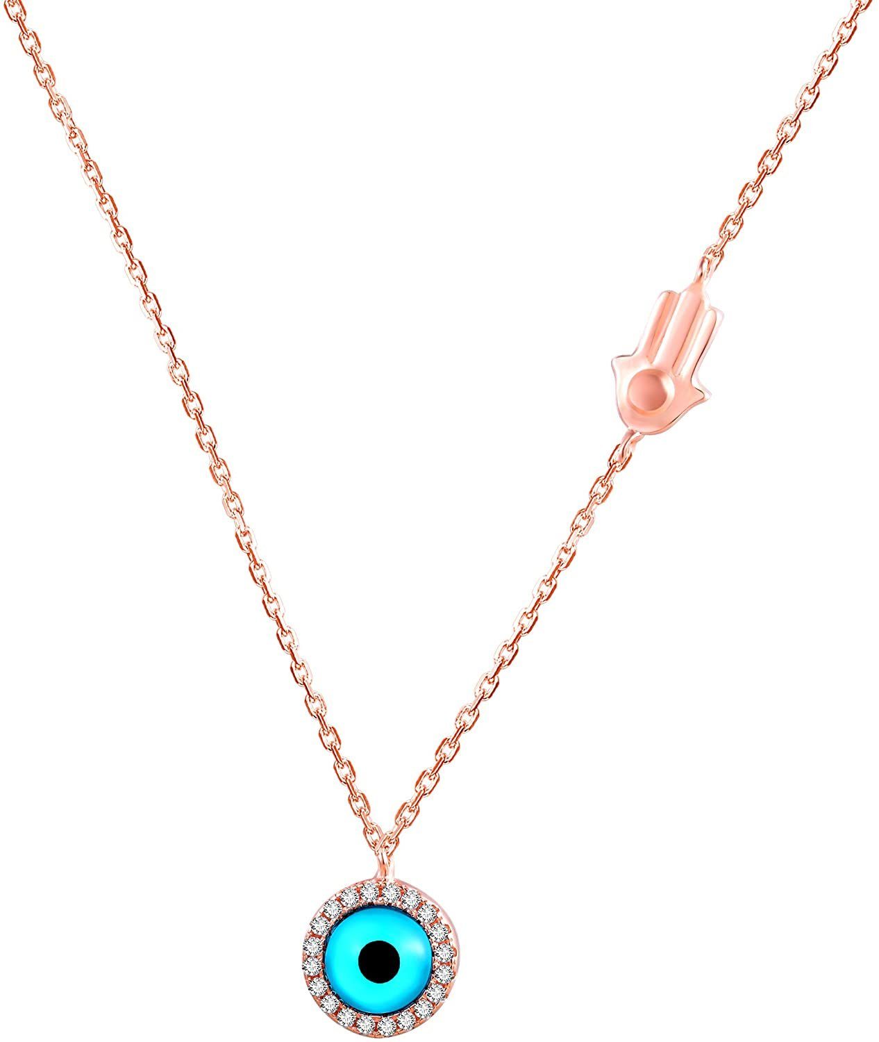 Karisma Kette mit Anhänger Karisma Damen Silber 925 Anhänger Fatima Hand und Nazar Auge, Collier Kette Verlängerung 5cm - Roségold Weiße Steine