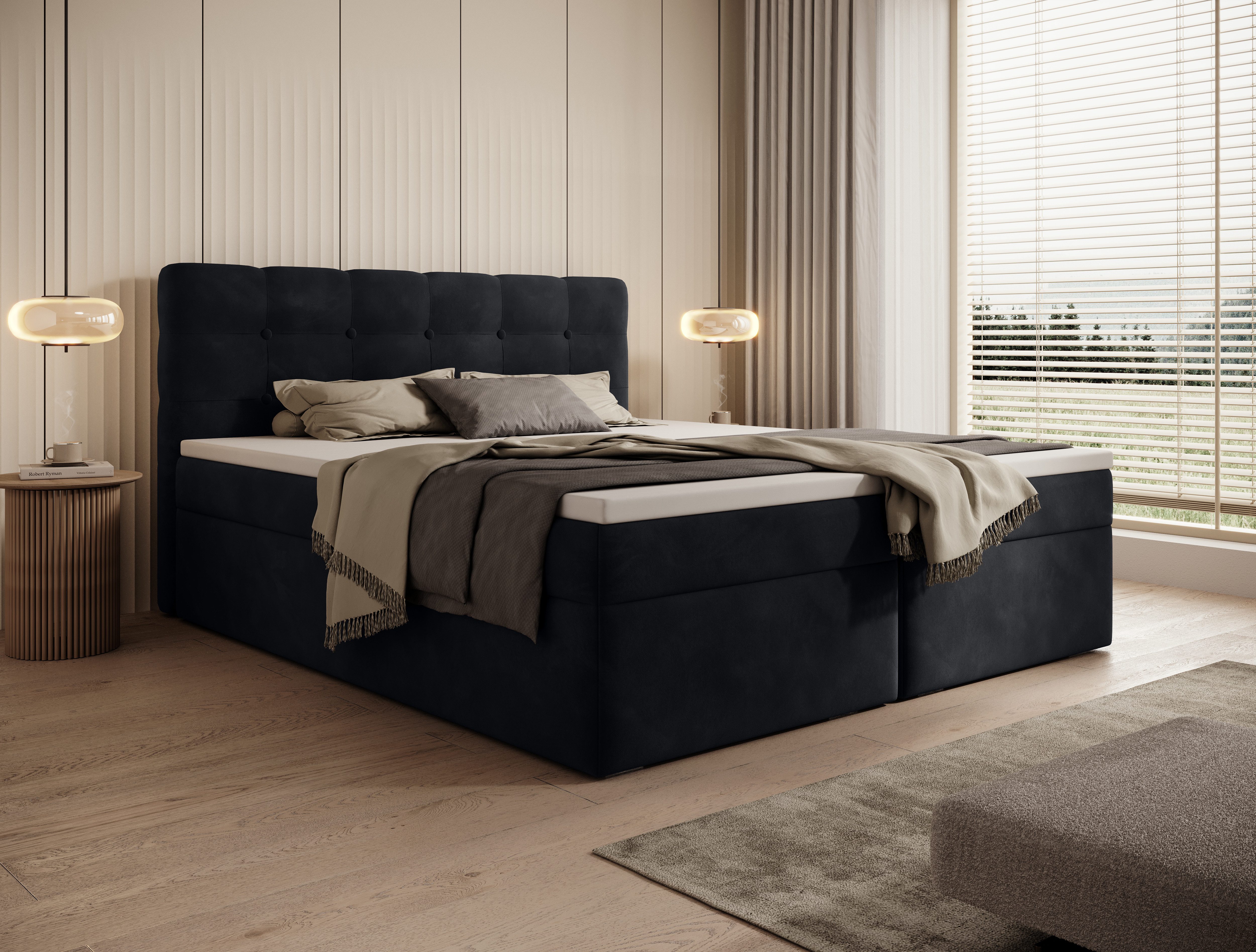 thematys Boxbett Luxus mit Bettkasten 140x200–200x200cm - Velours oder Bouclé Bezug (Polsterbett Bonnellfederkern Matratze H3 + Gratis 3cm Topper, – Doppelbett mit Stauraum - Boxbett)