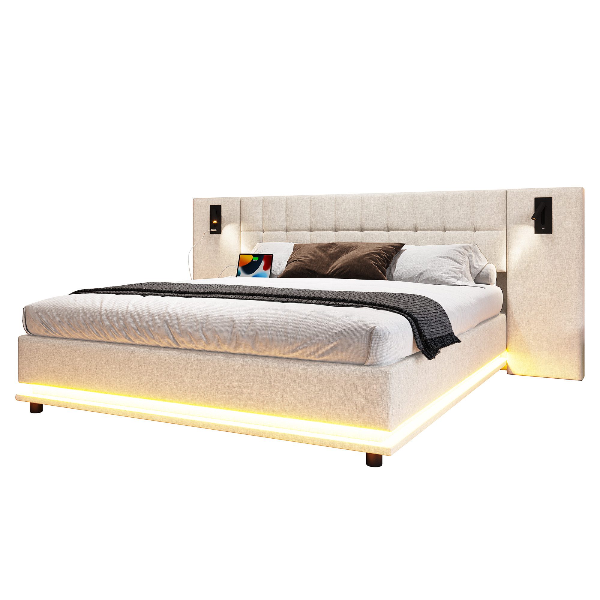 SOFTWEARY Polsterbett mit LED-Beleuchtung und Lattenrost (180x200 cm, extra breites Kopfteil mit Spots und USB Anschlüssen), Doppelbett, Leinen