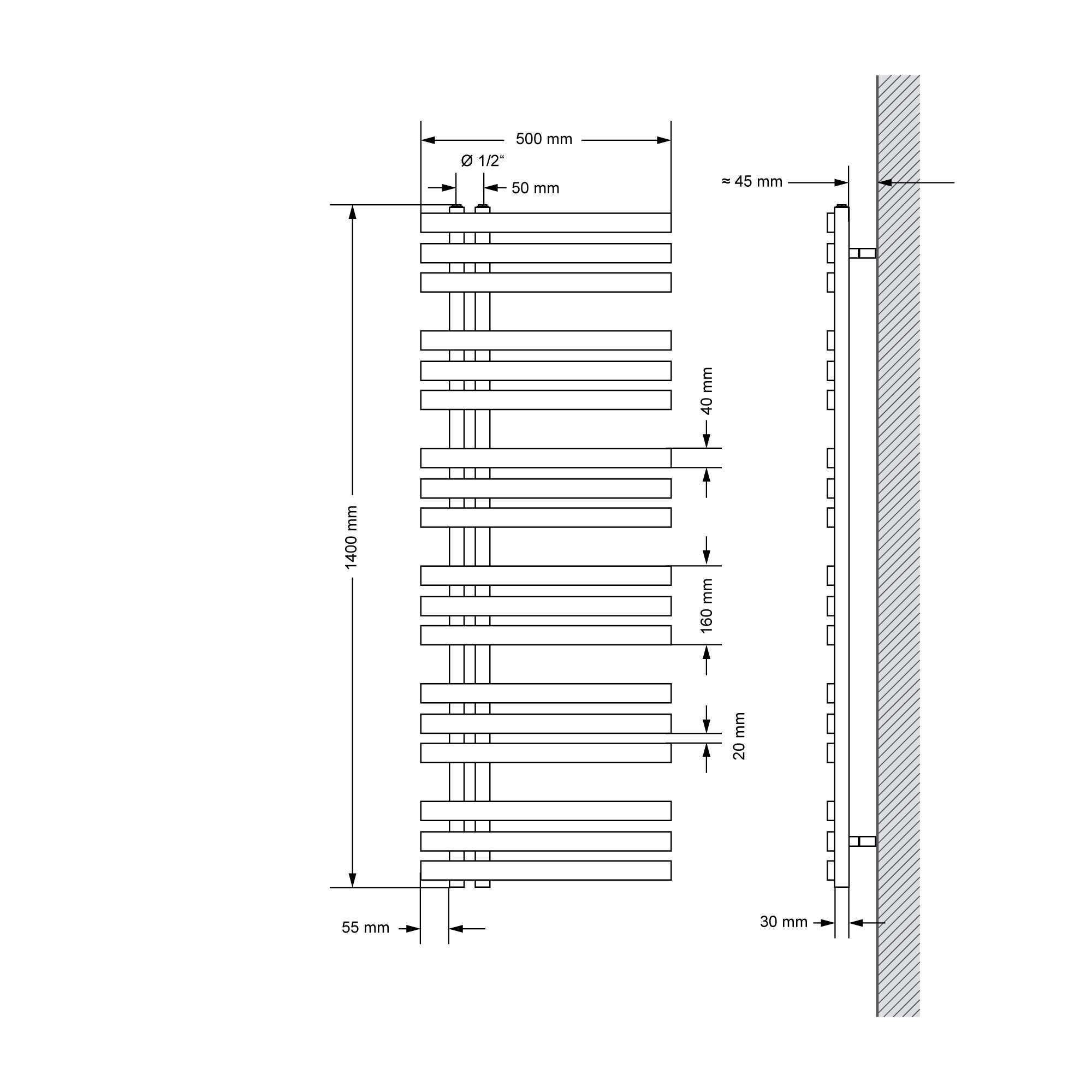 Handtuchwärmer, 500x1400mm 900W EM Iron Heizstab Badheizkörper Heizkörper Chrom Elektrisch Paneelheizkörper LuxeBath Designheizkörper