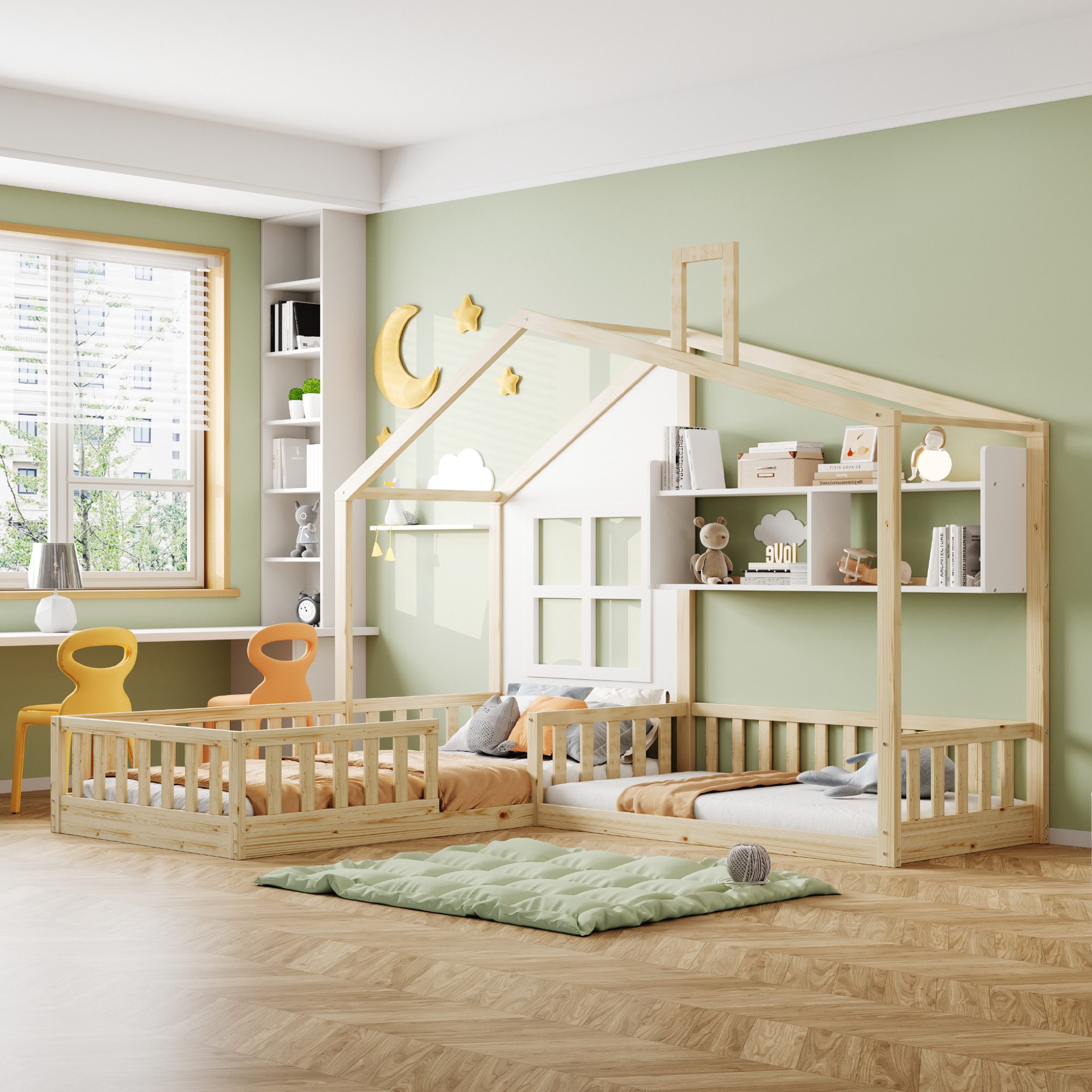 Merax Kinderbett 90x200cm/140x70cm mit Lattenrost (Geeignet für zwei Kinder, 242.5 x 205 x 170.5 cm), Massivholzbett Hausbett mit Rausfallschutz, Schornstein und Regalen