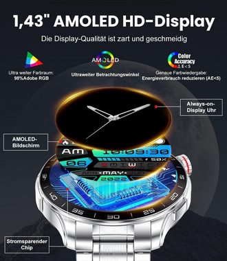 Lige Smartwatch Herren, AMOLED Always on Display Smartwatch (1.43 Zoll, Andriod iOS), mit Telefonfunktion IP67 Wasserdicht Fitnessuhr mitHerzfrequenzmonitor