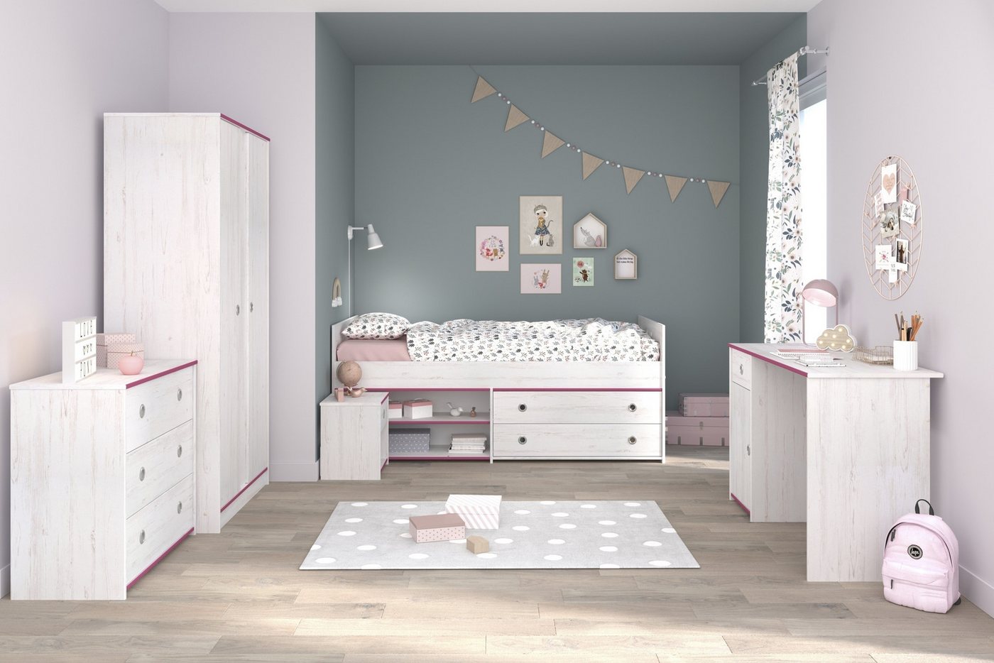 Parisot Komplettschlafzimmer Set mit Absetzungen in Rosa oder Blau