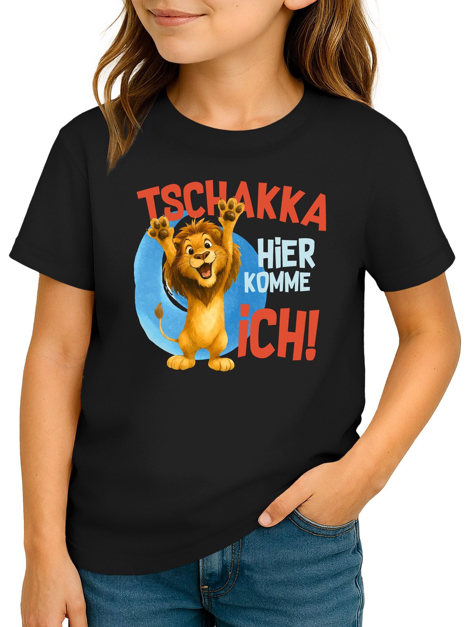 Print-Shirt Kinder T-Shirt Mädchen Aufdruck Löwe Spruch lustig Tschakka hier