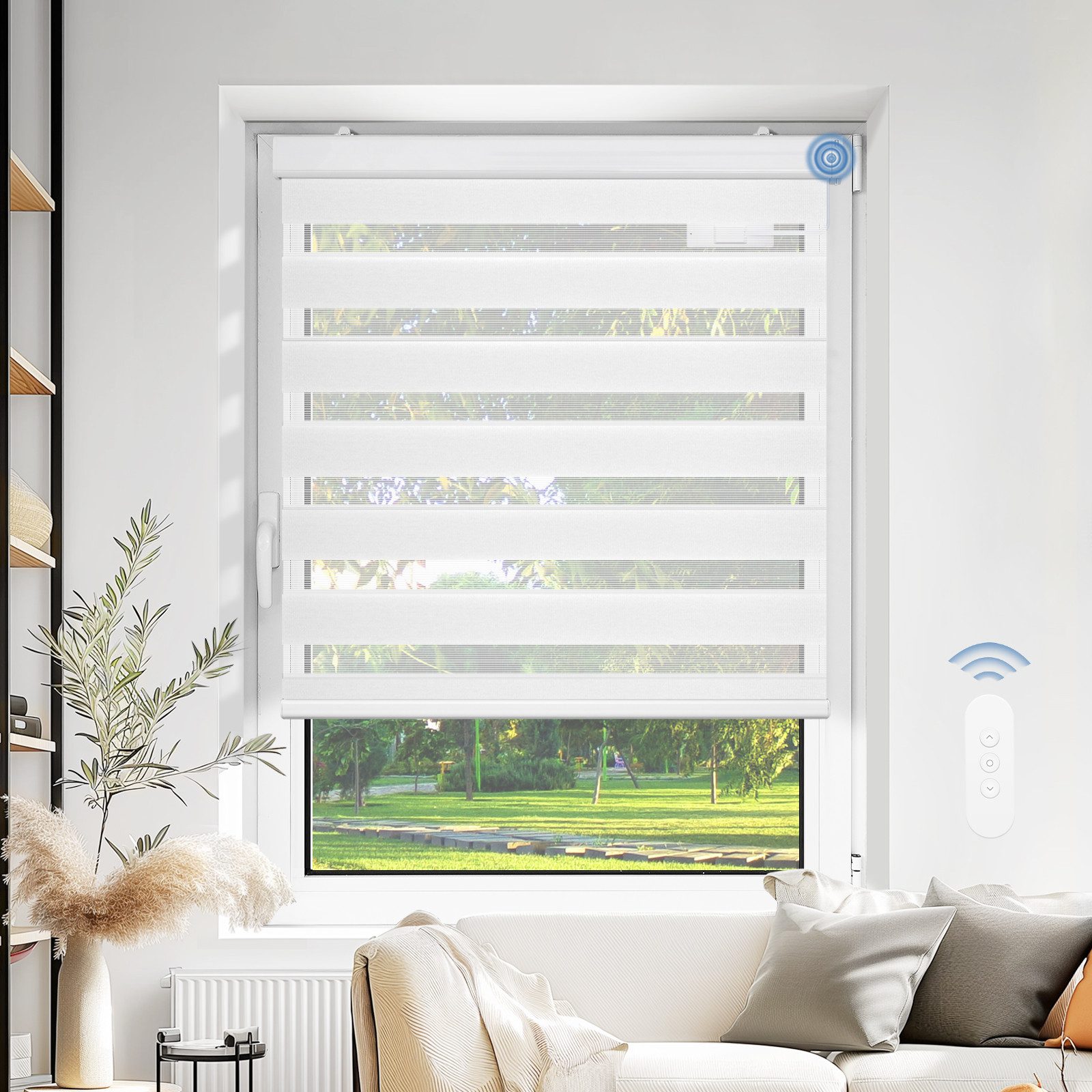 Elektrisches Rollo Doppelrollo Elektrisches Solar Duo Rollo, DENFOON, abdunkelnd, Klemmfix, mit Kassette und Fernbedienung
