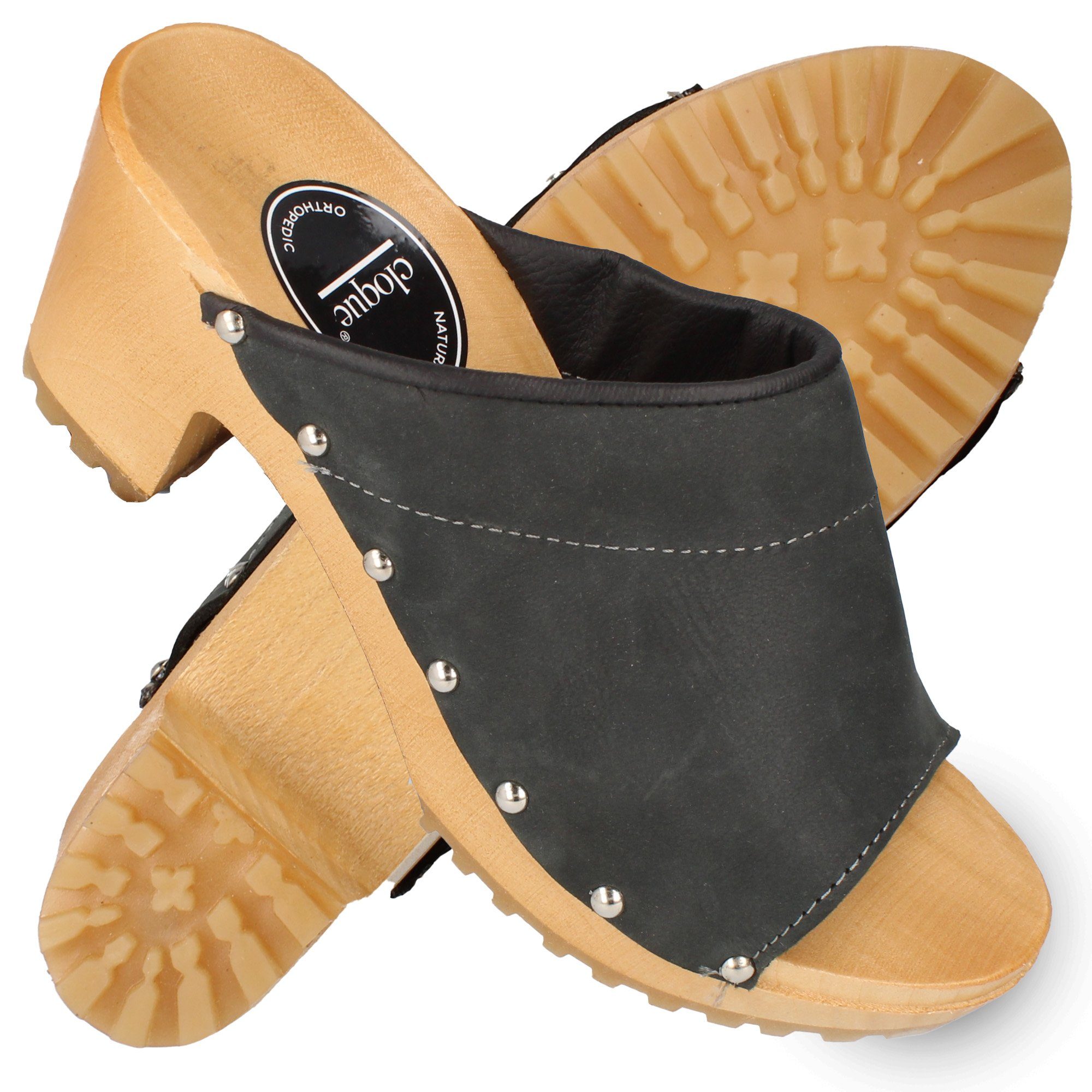 Cloque Bodajk Offener Damen Leder Clogs mit Absatz, Holzsohle Clog (1 Paar) Zum Schlupfen, Aus echtem Leder