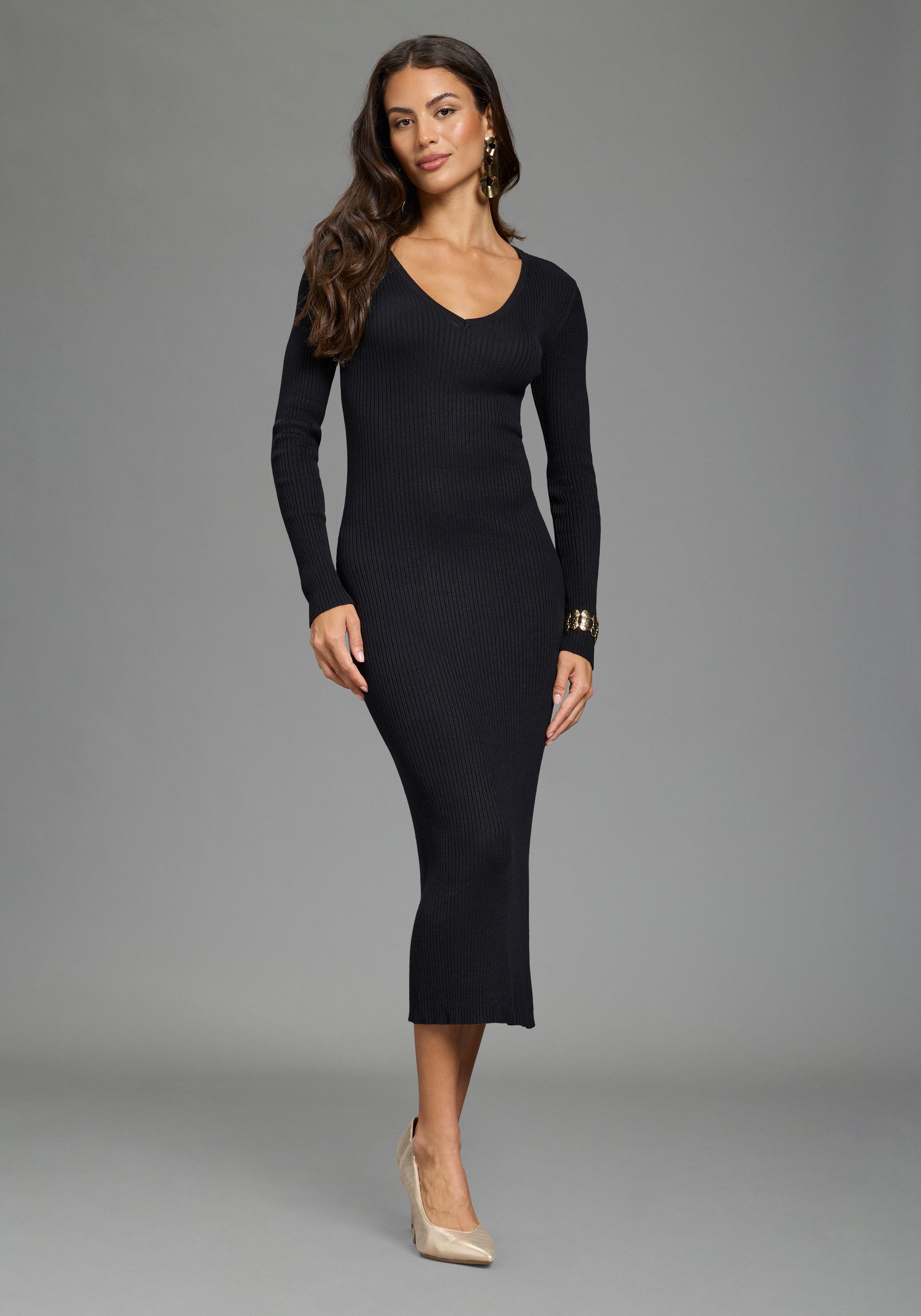 AJC Strickkleid in Midilänge mit seitlichem Schlitz und Vneck – Bild 5 von 5