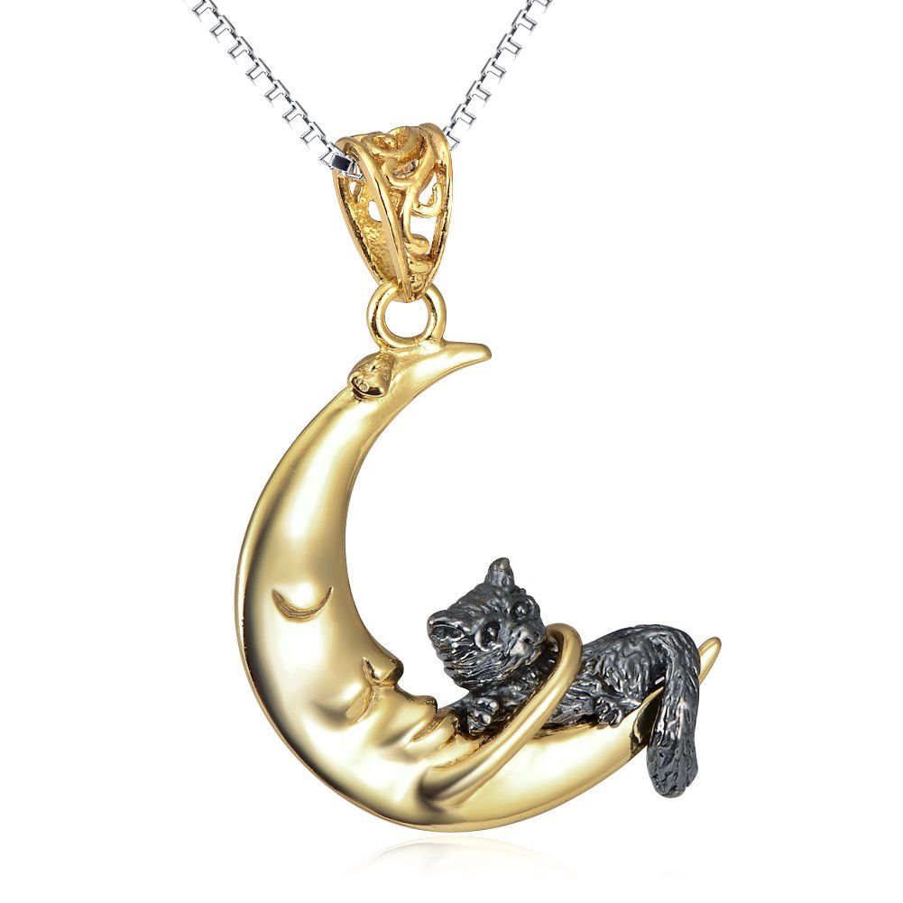 Schmuck-Elfe Kette mit Anhänger Mond mit kleiner Katze, 925 Sterling Silber vergoldet