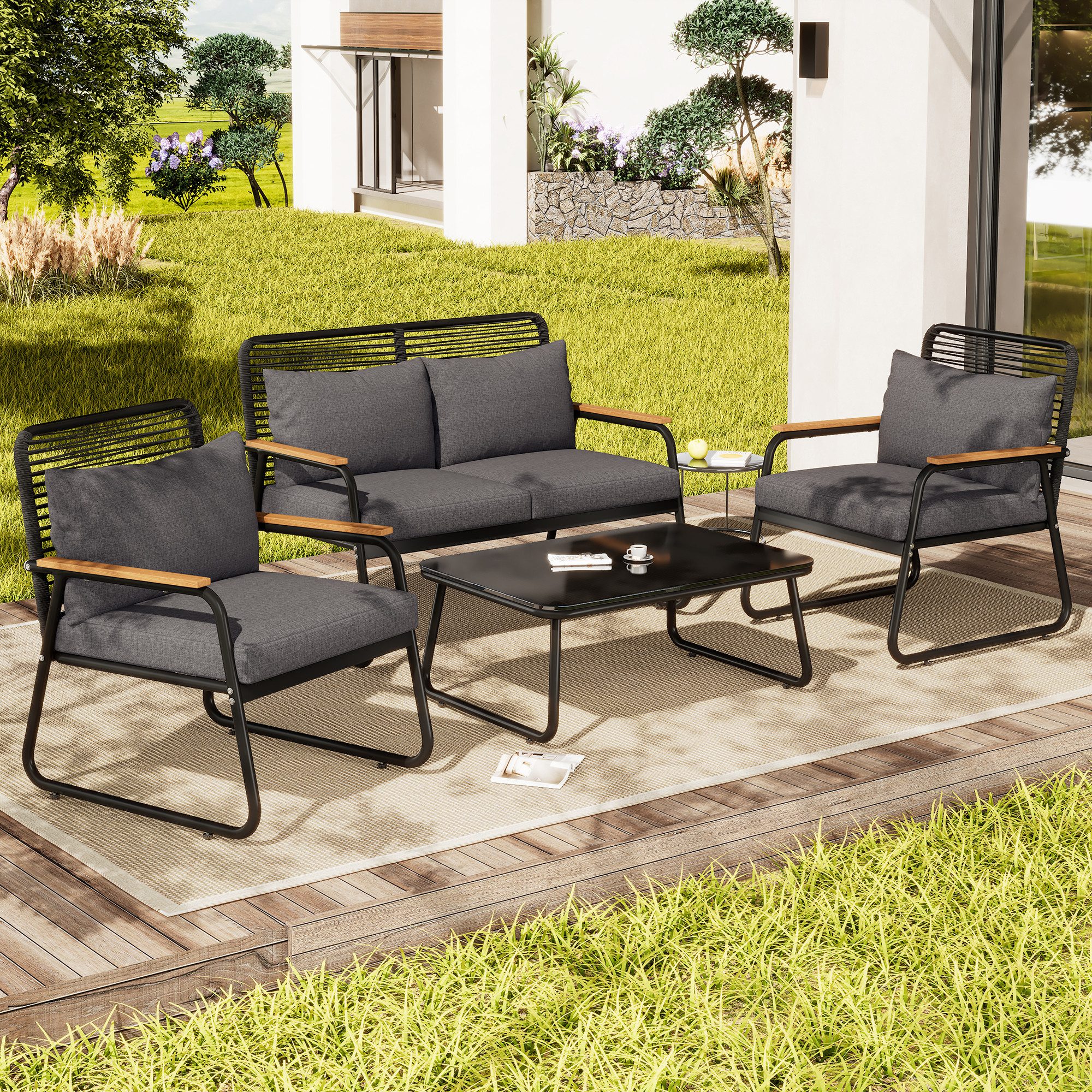 MODFU Sofa Outdoor Garten-Lounge-Set,mit verzinktem Eisengestell, Garten-Lounge-Set für 4 Personen – Modernes Sofa-Tisch-Set mit verzinktem Eisenrahmen, gehärteter Glas-Tischplatte, verstellbaren Beinen & bequemen Kissen – Ideal für Terrasse, Balkon und Garten – Robustes Design für jedes Wetter, mit Relaxfunktion