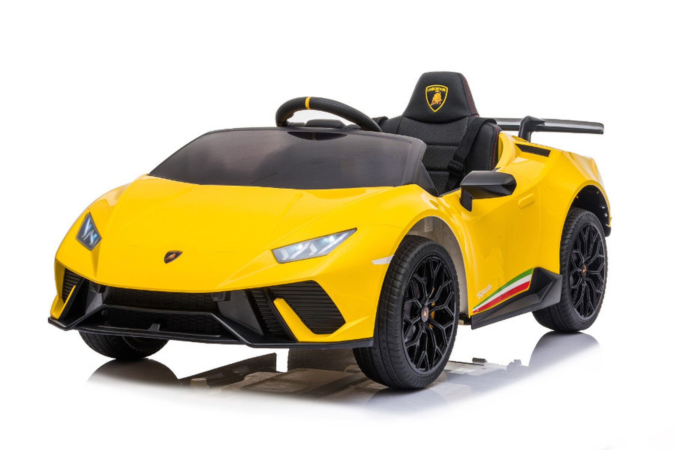TPFLiving Elektro-Kinderauto Lamborghini Huracan - Motor: 2 x 12 V - Akku:  1 x 12 Volt/4.5Ah, Belastbarkeit 40 kg, Kinderauto - Elektroauto mit  Ledersitz und Sicherheitsgurt - gelb