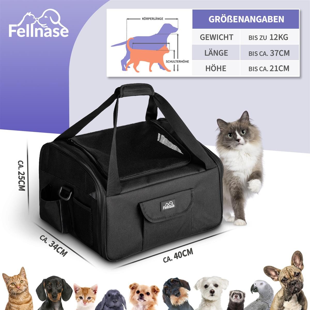 Fellnase Tiertransporttasche Hundebox Transporttasche Transportbox Katzen Hund Flugzeug klein, Hunde Transportbox Tasche + Staufach 40 x 34 x 25 cm