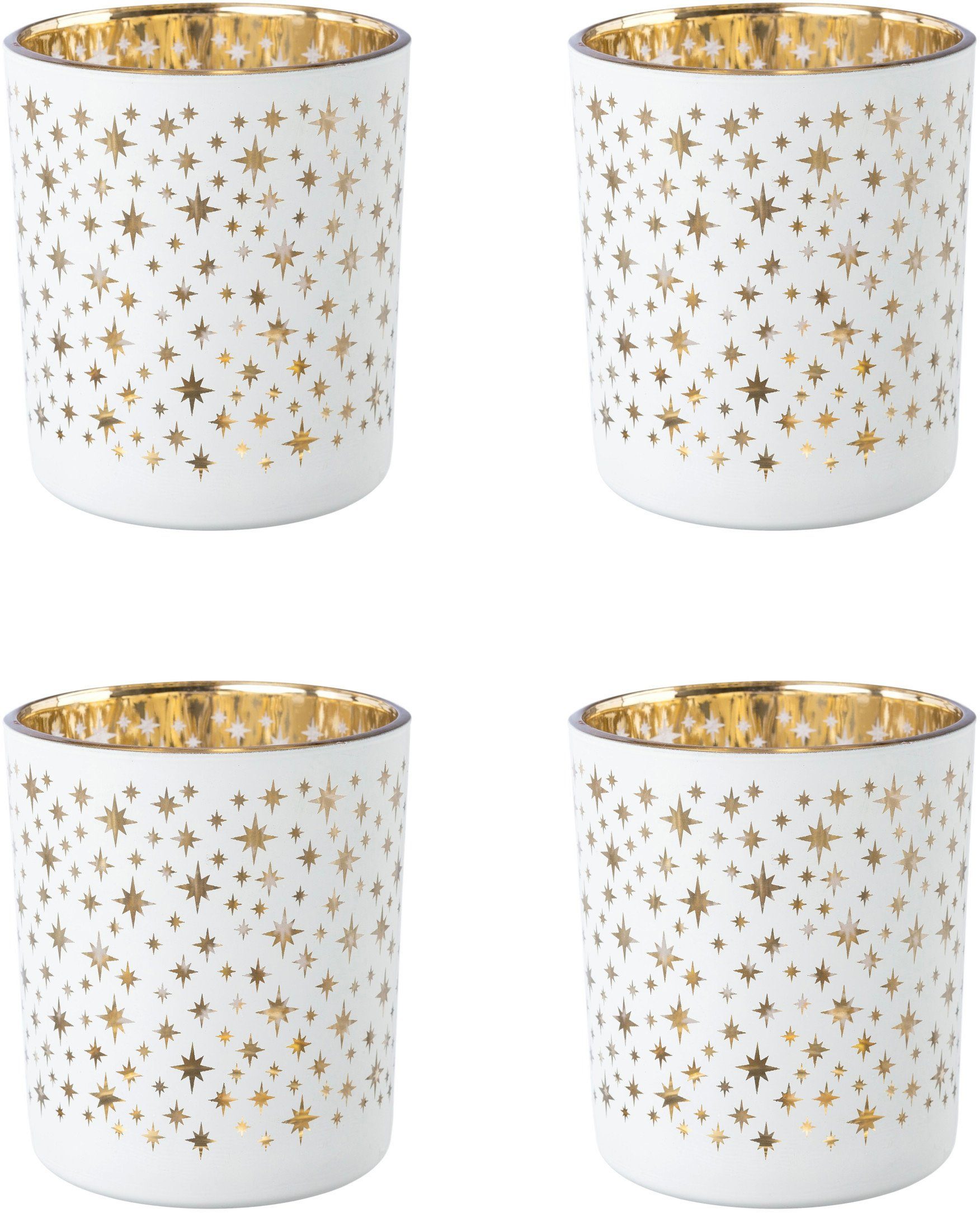 Creativ deco Teelichthalter (4 weiß St), Weihnachtsdeko mit Innenseite goldfarbener