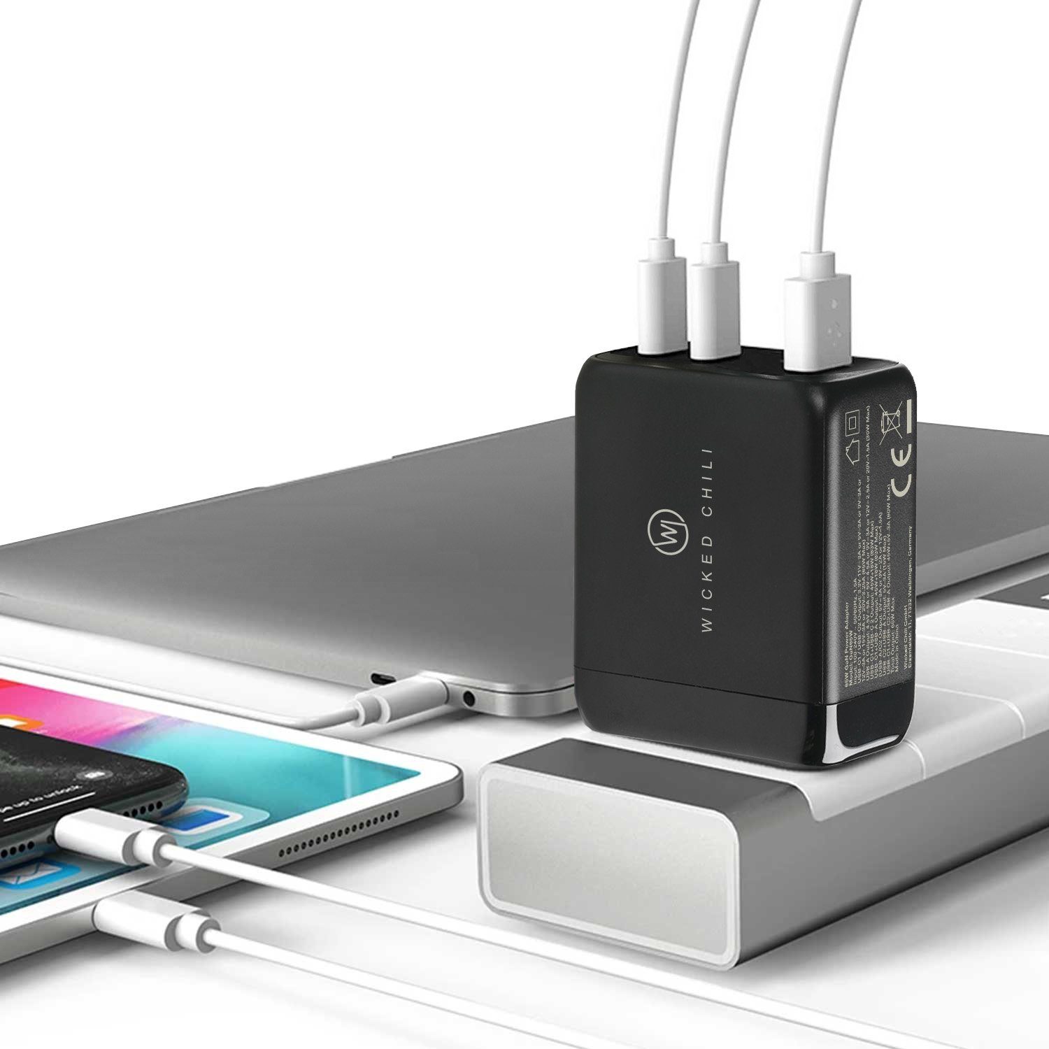 Wicked Chili Wicked Chili 3in1 USB Schnellladegerät QC 4.0+ 65W 2x USB-C 1x USB-A, Steckernetzteil (Mit Quick Charge 4.0+ / PD 3.0 PPS - 3in1 Universal GaN USB-C Netzteil)