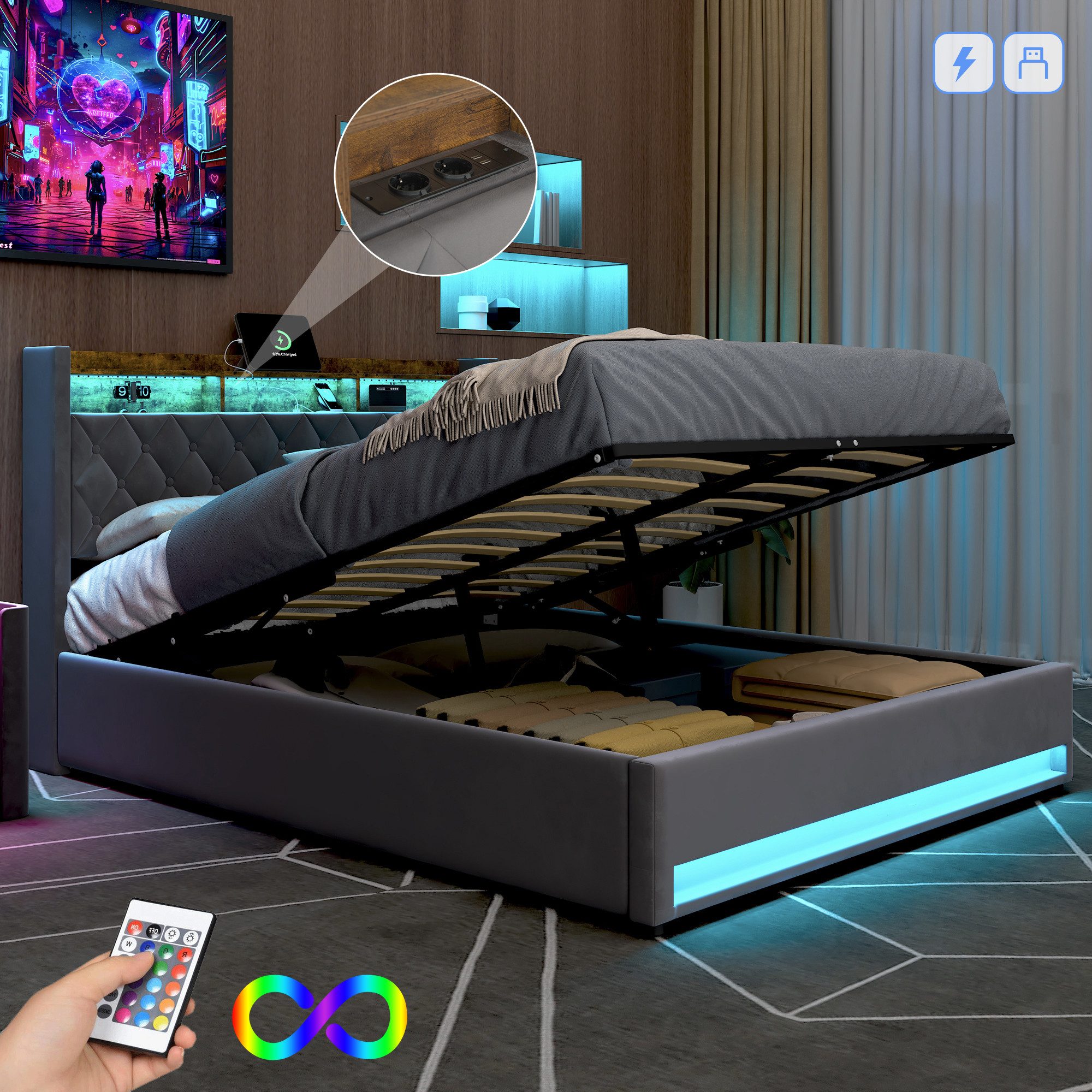 HAUSS SPOLE Polsterbett 180x200cm mit USB, 2 Steckdosen, LED-Beleuchtung Me günstig online kaufen