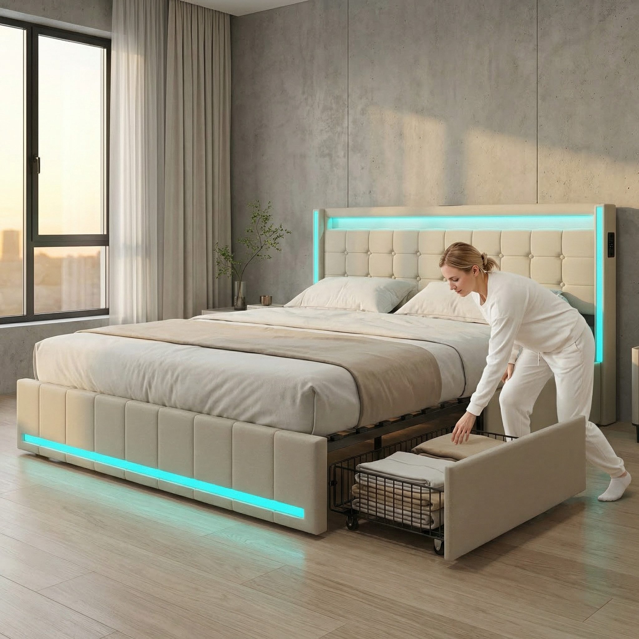 Furnishings Home Polsterbett LED Doppelbett 140x200cm, Stauraumbett mit Kopfteil und 4 Schubladen (Leinenmaterial Polsterbett mit RGB Beleuchtung), mit Lattenrost und Ladefunktion, mit Komforthöhe, Leises Design Bett