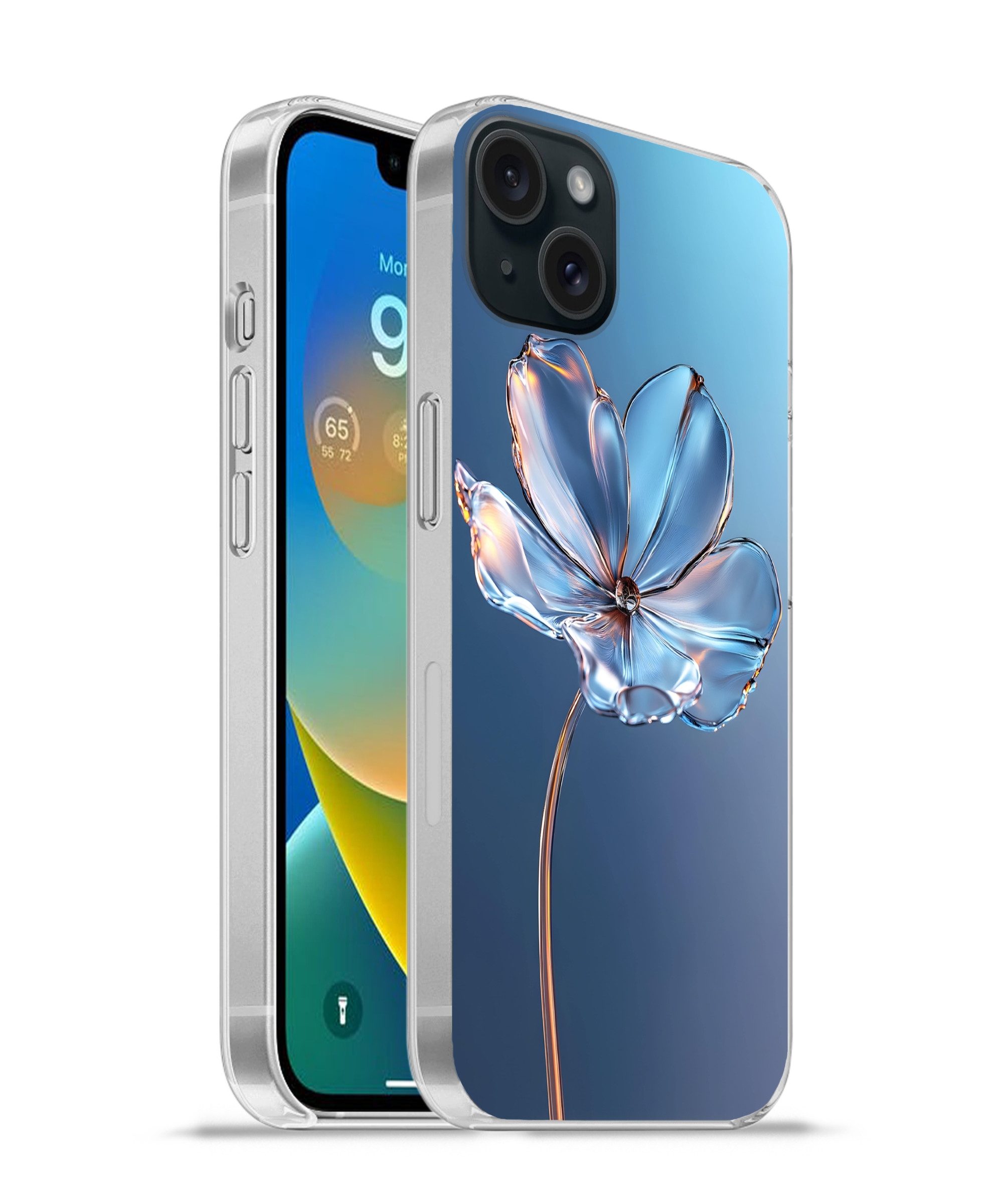 MuchoWow Handyhülle für Apple iPhone 15 Plus Blau - Blume - Gläser - Verziert, Smartphone-Bumper, Print, Handy Schutzhülle Dünn