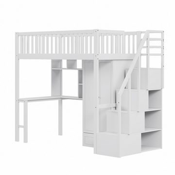 Ulife Hochbett Kinderbett mit großem Kleiderschrank Regal und Tisch,90 x 200cm Stauraum Treppe Mehrzweckbetteinheit Holzbettgestell