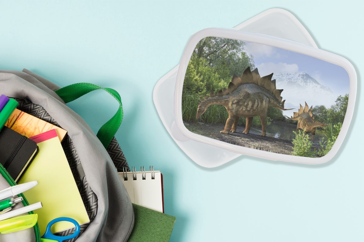 - - Dinosaurier - Mädchen Erwachsene, Jungs und MuchoWow Wald Illustration (2-tlg), - Kleiner, und Berg für Jungen Kinder Kunststoff, - Brotbox für Kinder Brotdose, Lunchbox - weiß