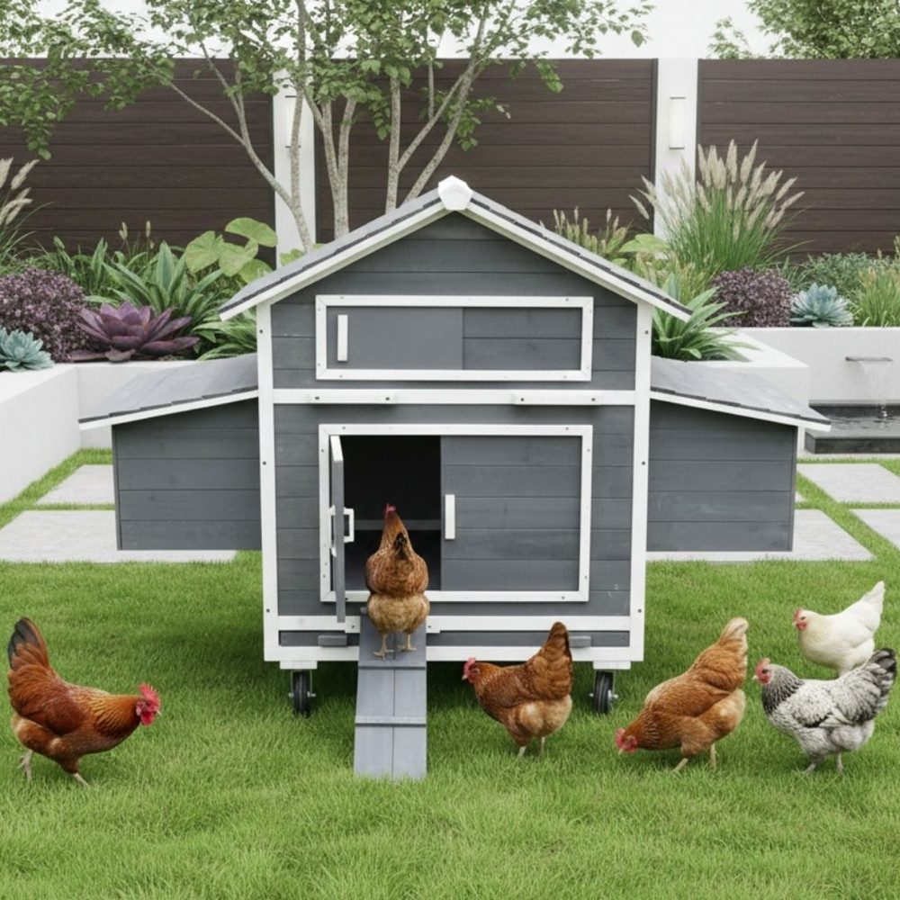Mucola Hühnerstall Hühnervoliere inkl. 2 Nestboxen Hühnerhaus Holz Geflügelstall, Rollbar, 4 Nistplätzen, Holzrampe, 2 Sitzstangen