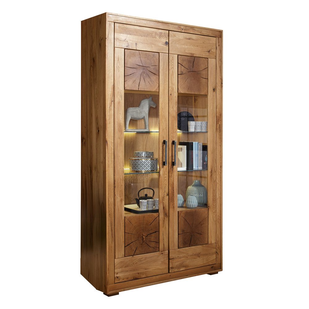 Lomadox Vitrine WINNIPEG-69 Vitrinenschrank, Eiche massiv geölt, Hirnholz-Details, montiert
