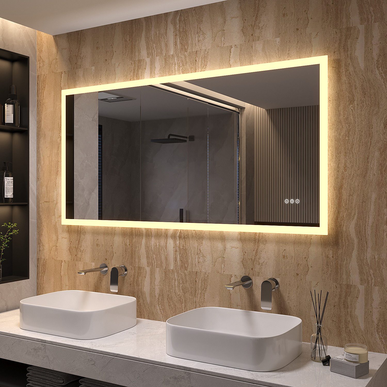 AQUABATOS Badspiegel LED Badspiegel IP44 mit Touchschalter Dimmbar Abgerundete/Scharfe Ecke (LED Badspiegel 160x70 140x70 100x70 cm mit Beleuchtung Lichtspiegel LED Spiegel Kosmetikspiegel Rasierspiegel Bad Spiegel mit licht beleuchtet 3 Lichtfarben, IP44, Energiesparend), großformatiger Badezimmerspiegel, Dimmbar,Beschlagfrei,Memory-Funktion