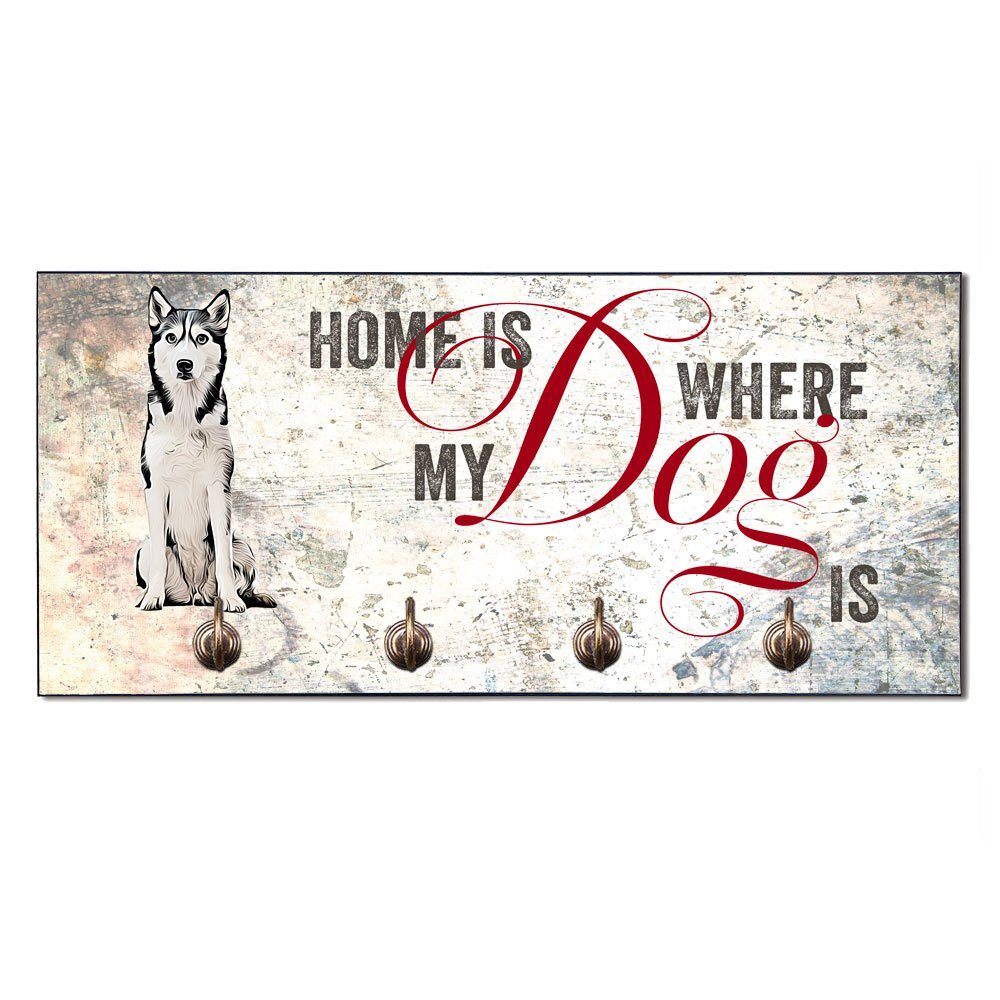 Cadouri Wandgarderobe HUSKY Hundegarderobe - Wandboard für Hundezubehör (Garderobe mit 4 Haken), MDF, mit abgeschrägten Ecken, handgefertigt, für Hundebesitzer | Garderobenpaneele