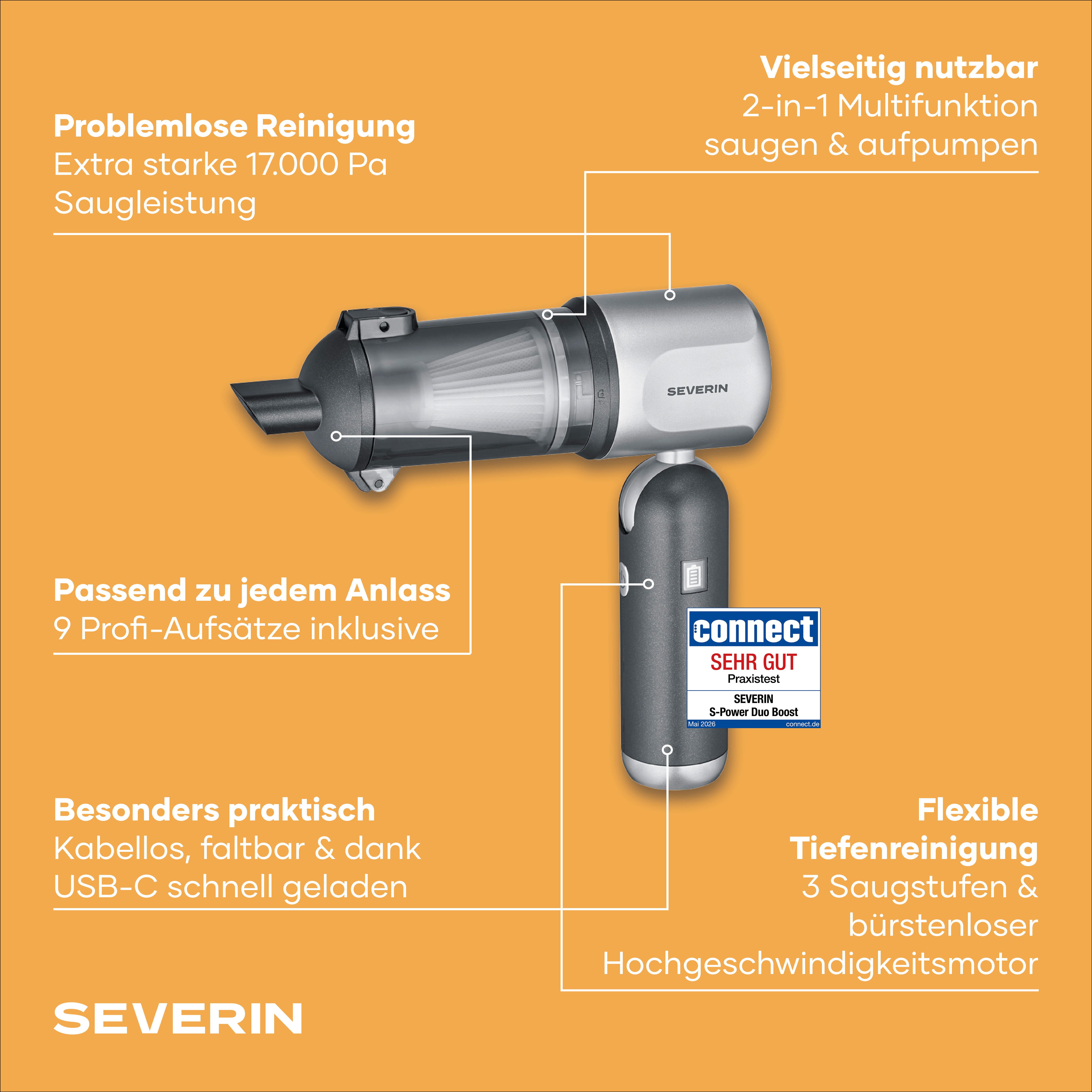 Severin Akku-Handstaubsauger S-Power DuoBoost, HV 7149, 120 W, 3-in-1, Luftbläser & Aufpumper, 17000Pa, kabellos, 120W, anthrazit