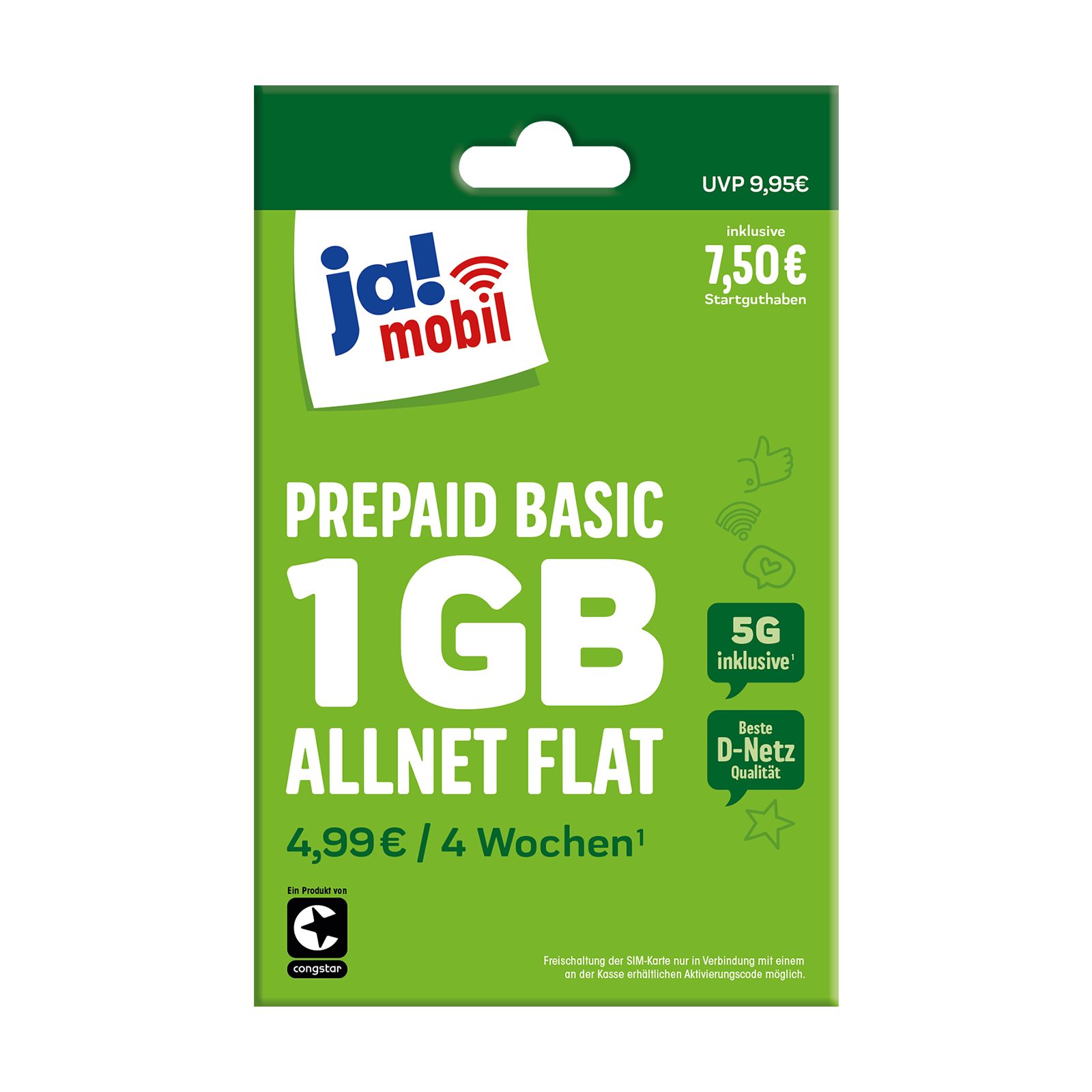 Ja! Mobil Prepaid Basic Simkarte mit 7,50 € Startguthaben Prepaidkarte, (EU-Roaming inkl. CH, 7,50 € Startguthaben)