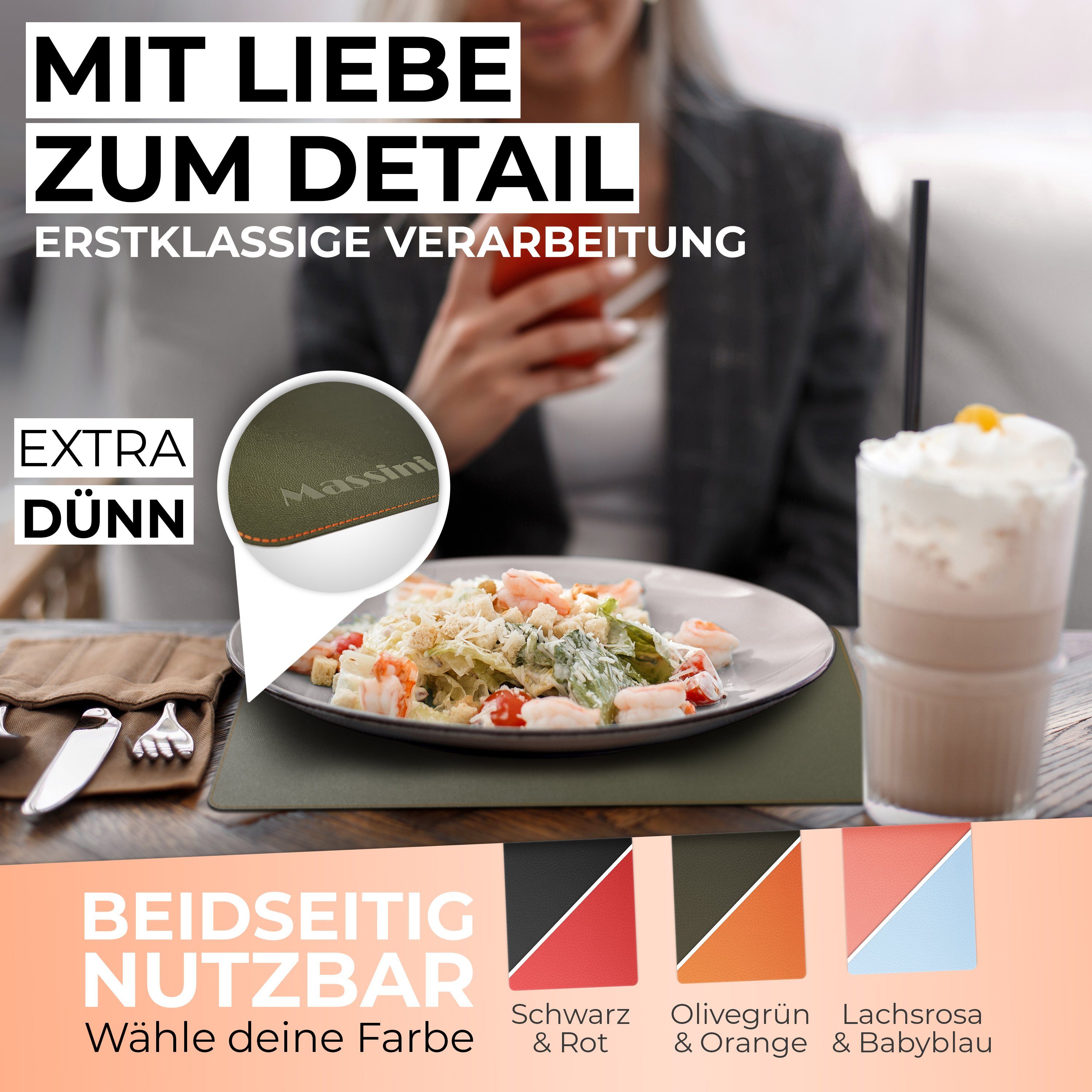 Platzset, Edle Lederoptik Teilig), Tasche Massini, Aufbewahren, (Set, Abwaschbar Designer Grün/Orange doppelseitig zum GRATIS Tischsets Kunstleder, inkl. 6