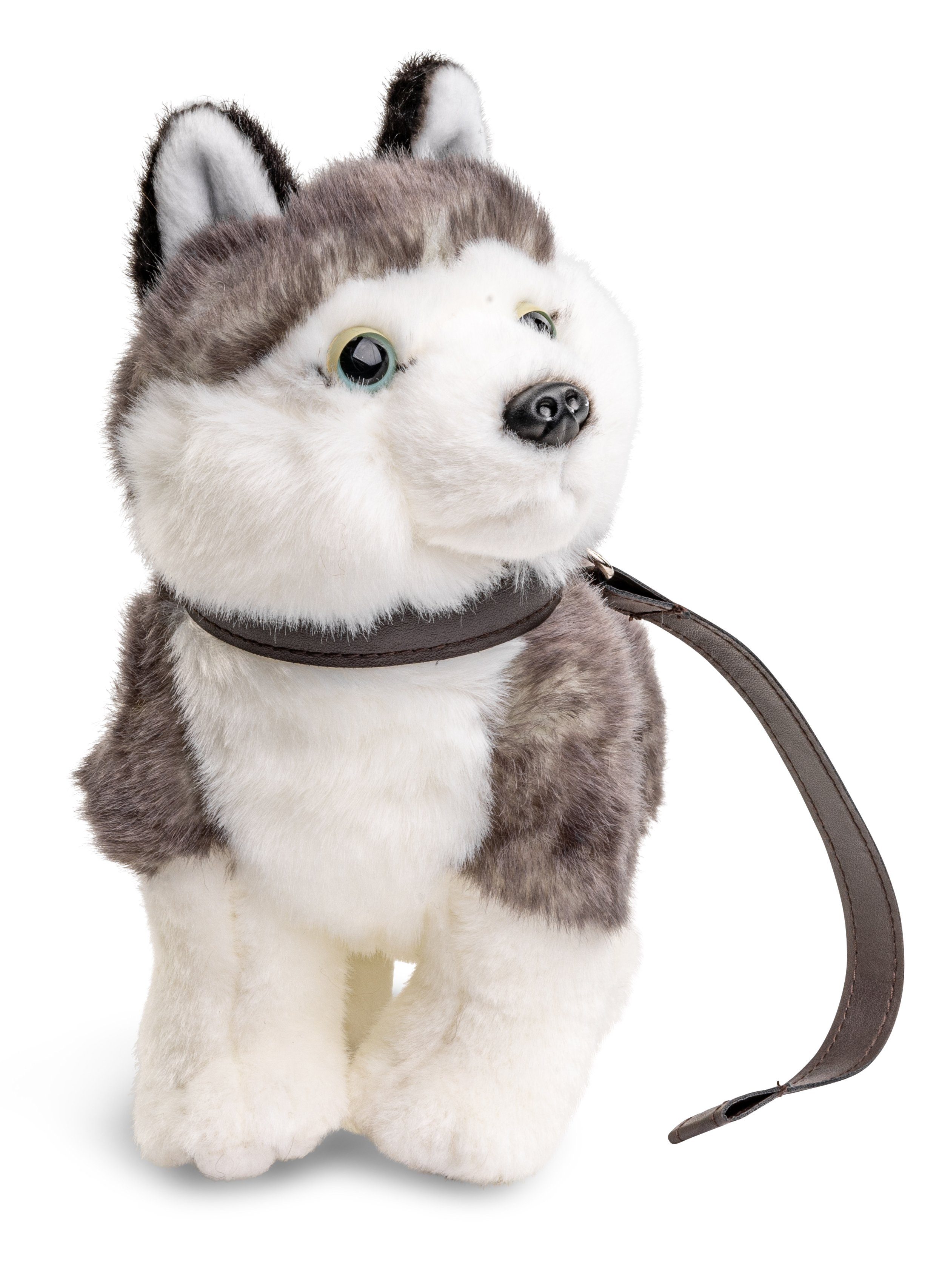 Uni-Toys Kuscheltier Husky Welpe grau, 24 Plüschtier, (m. 100 - Leine) Füllmaterial cm recyceltes - % zu stehend Plüsch-Hund