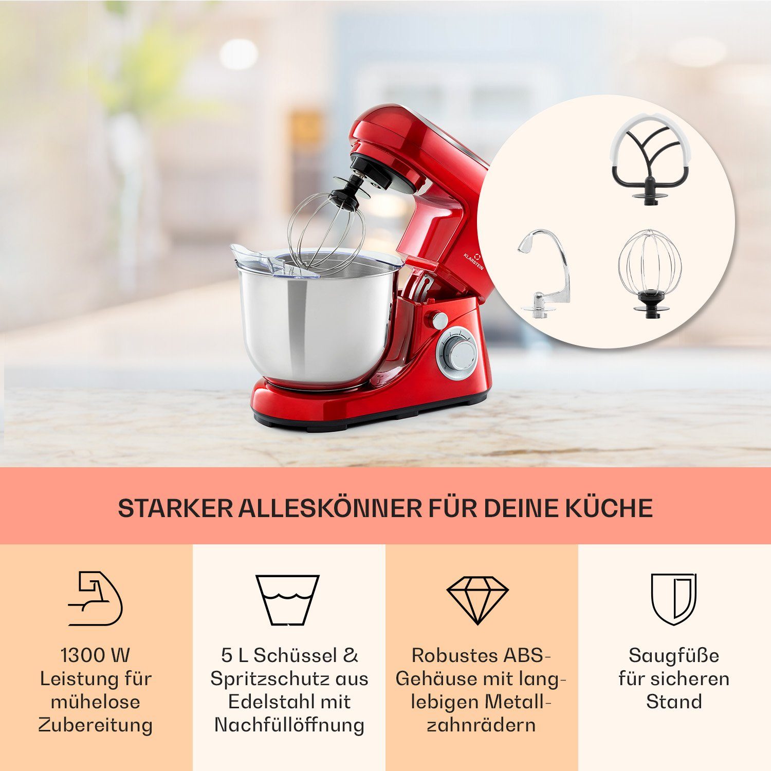 Klarstein Küchenmaschine Bella Pico 2G Küchenmaschine 1300W 1,7 PS 5L 6 Stufen Pulsfunktion, 1300 W, 5 l Schüssel, Knetmaschine Teigmaschine Teigknetmaschine Rü – Bild 3 von 5